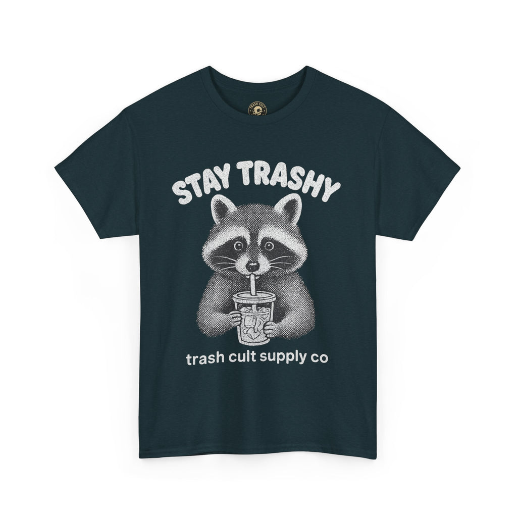 Stay Trashy Raccoon Iced Coffee Shirt – Halftone All White Design | Trash Cult Supply Co.