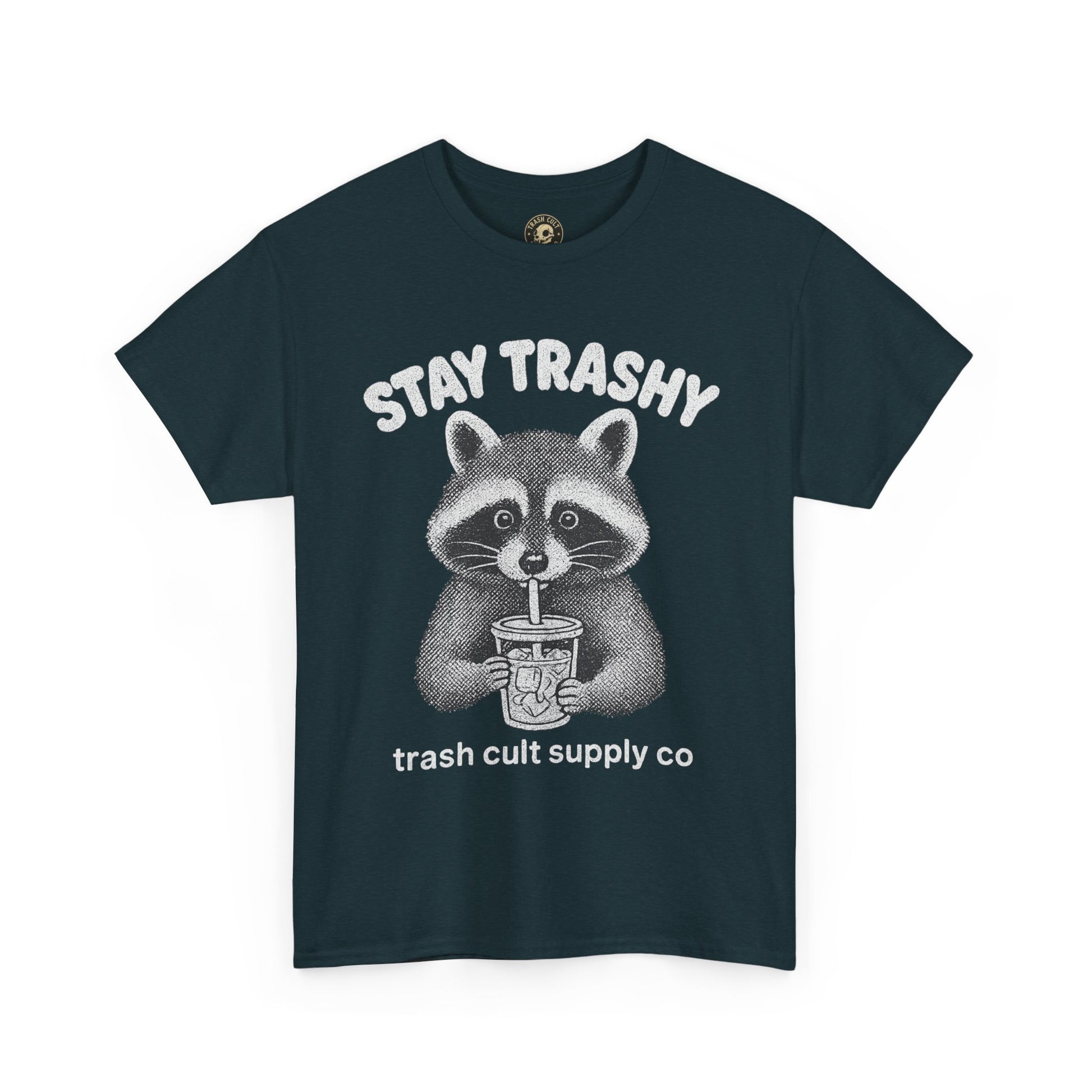 Stay Trashy Raccoon Iced Coffee Shirt – Halftone All White Design | Trash Cult Supply Co.