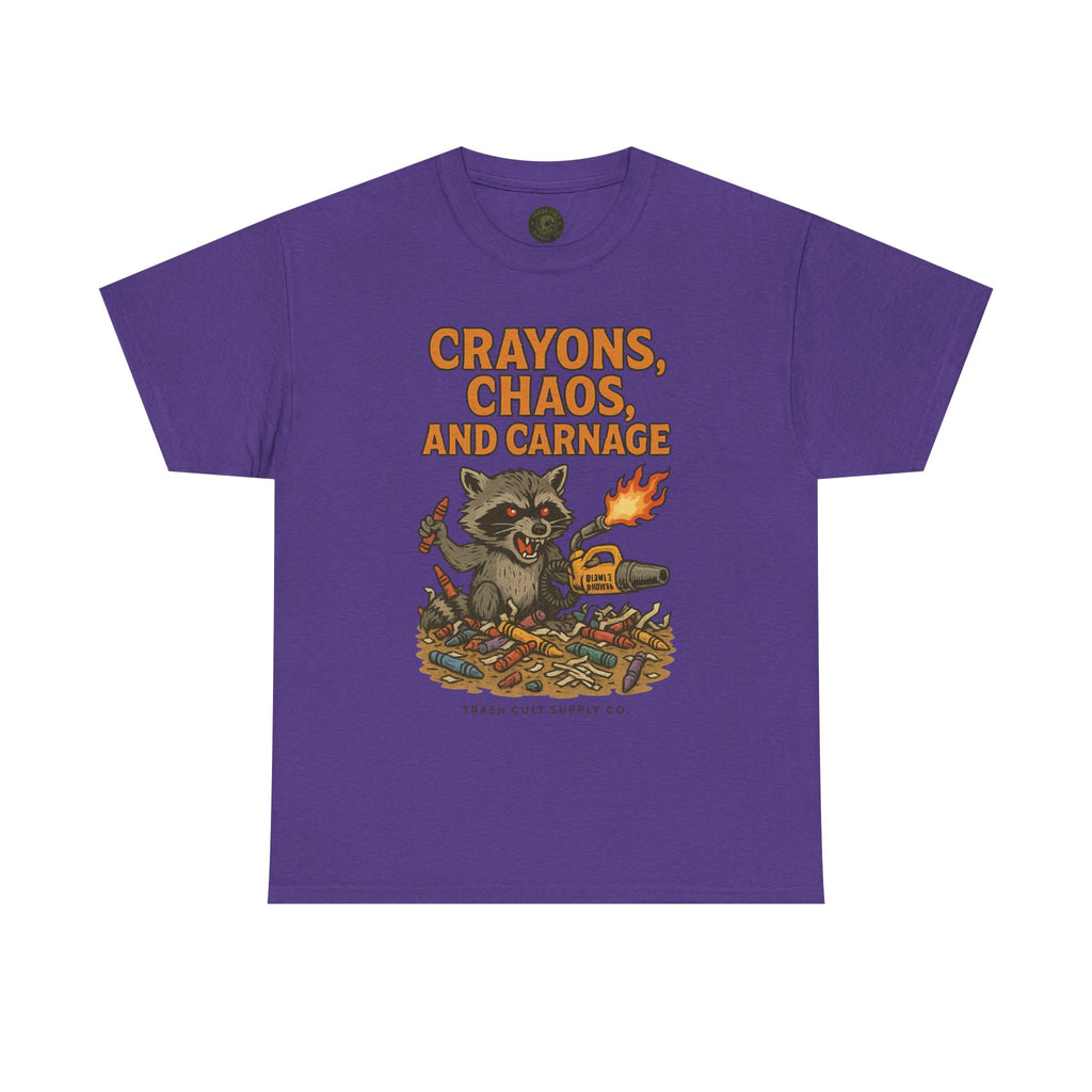 Crayons, Chaos, and Carnage T-Shirt – Dark Humor Raccoon Graphic | Trash Cult Supply Co. | Gildan 5000 Tee