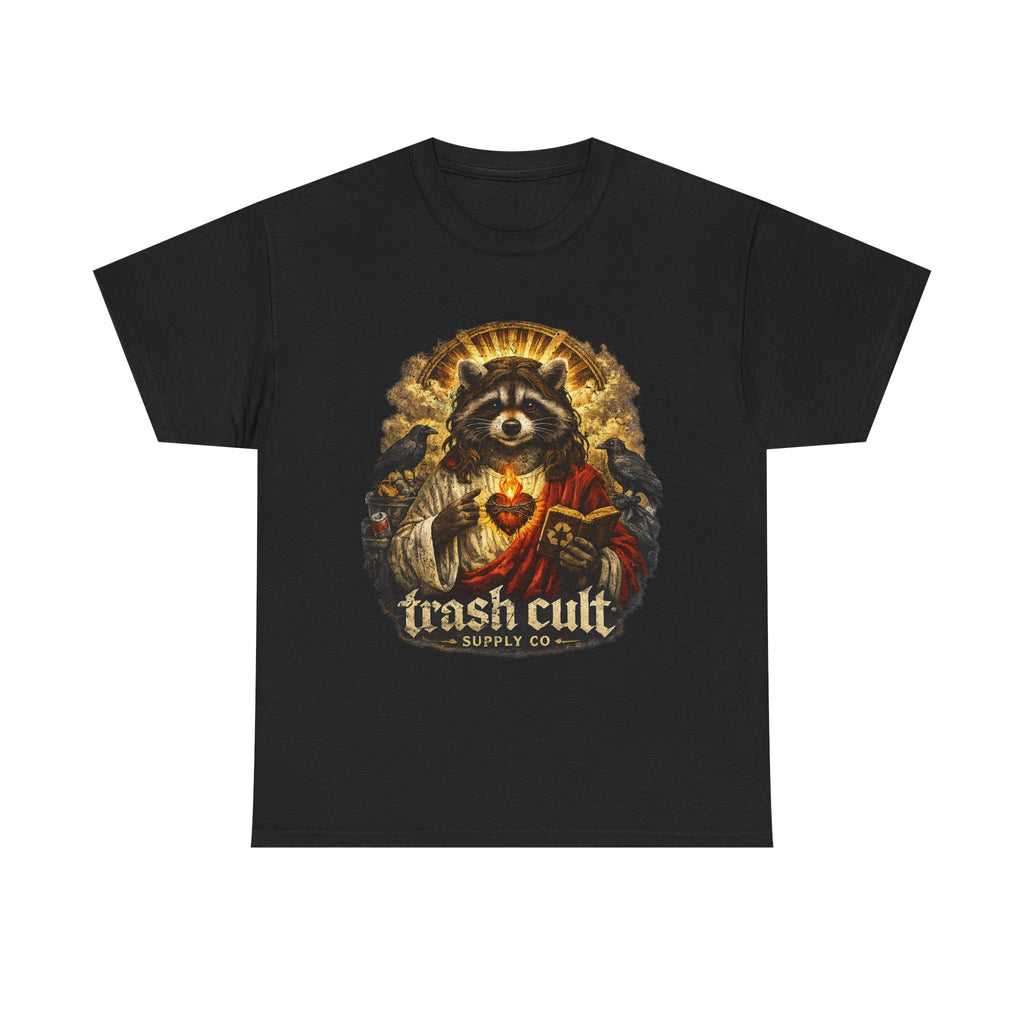 Raccoon Saint Graphic Tee — “Trash Cult” Vintage Devotional Design