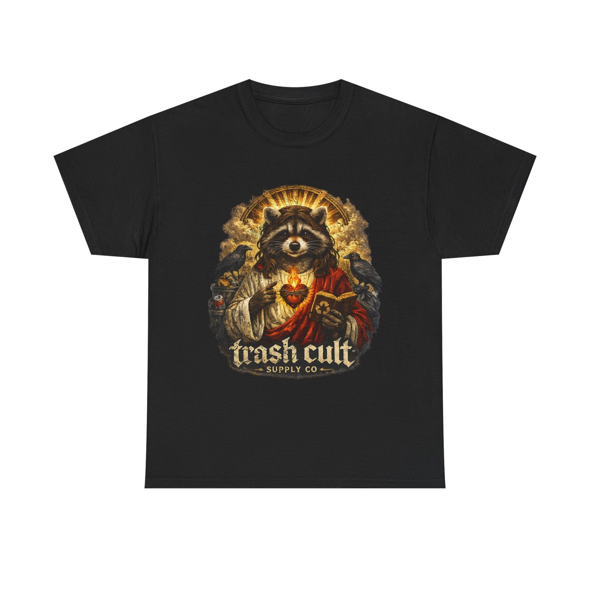 Raccoon Saint Graphic Tee — “Trash Cult” Vintage Devotional Design