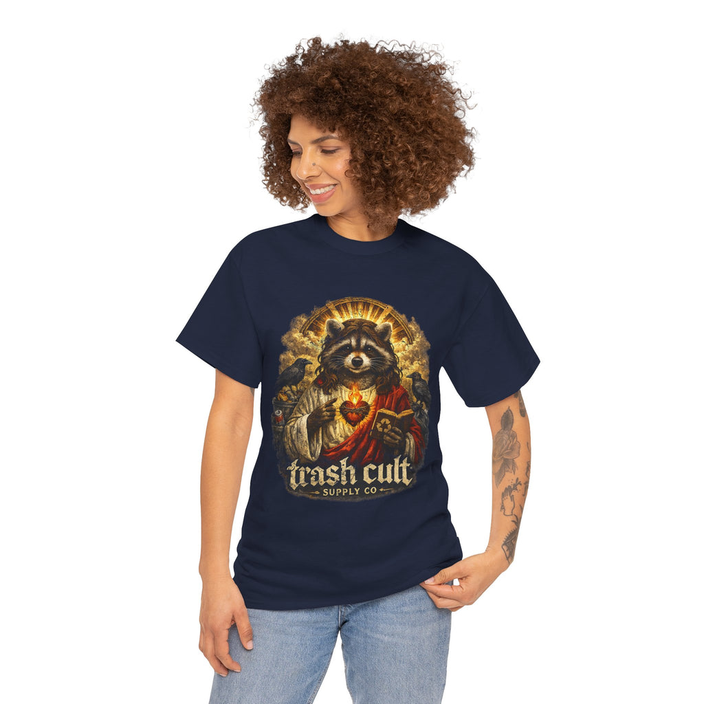 Raccoon Saint Graphic Tee — “Trash Cult” Vintage Devotional Design