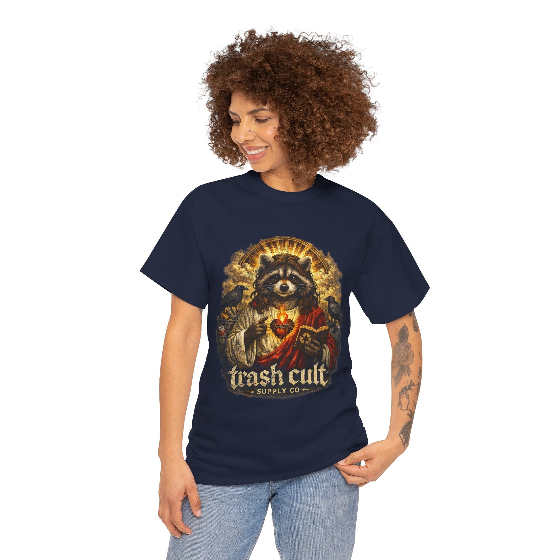 Raccoon Saint Graphic Tee — “Trash Cult” Vintage Devotional Design