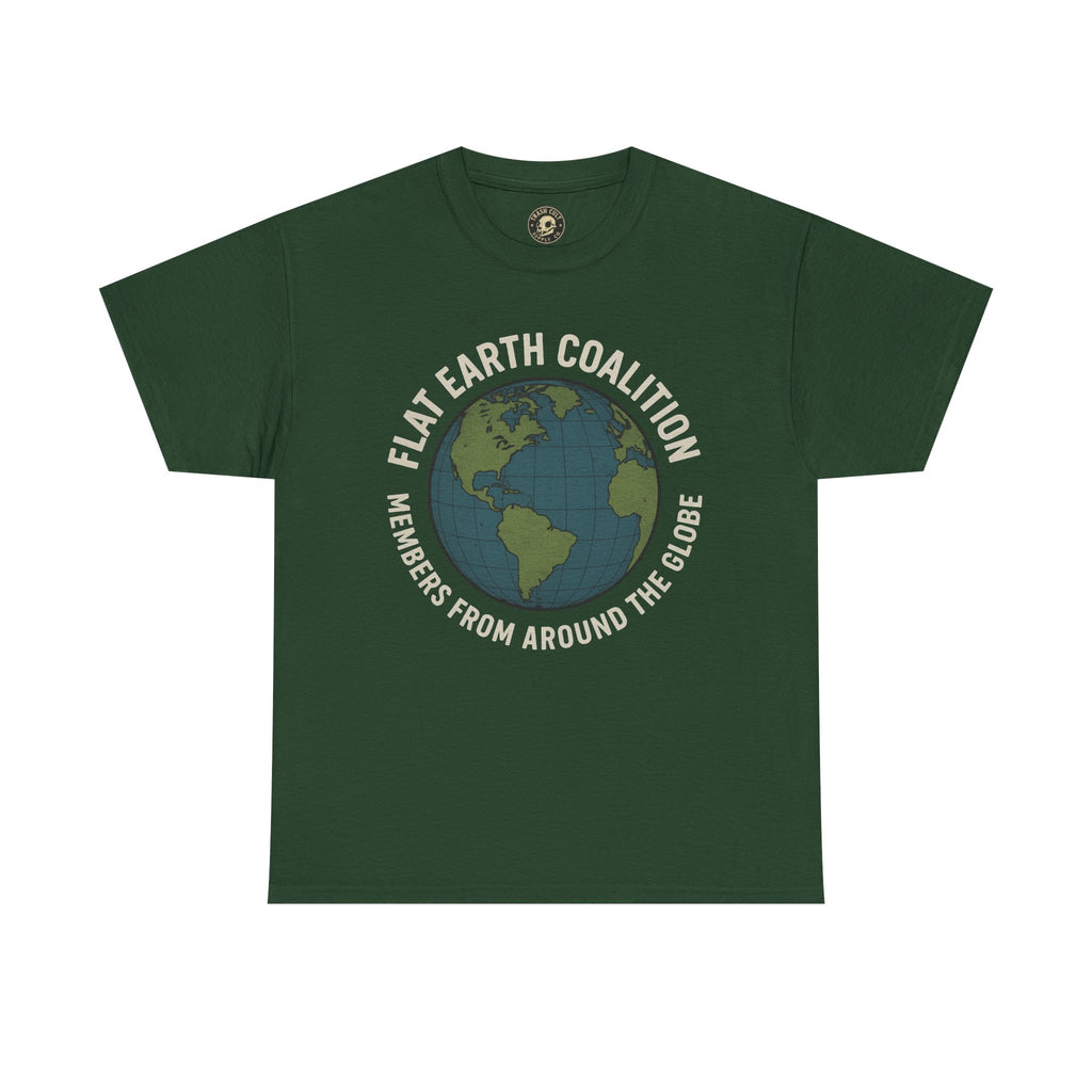 Flat Earth Coalition Funny Globe Parody Shirt – “Members From Around the Globe” Tee – Satirical Conspiracy Theory Humor Tee