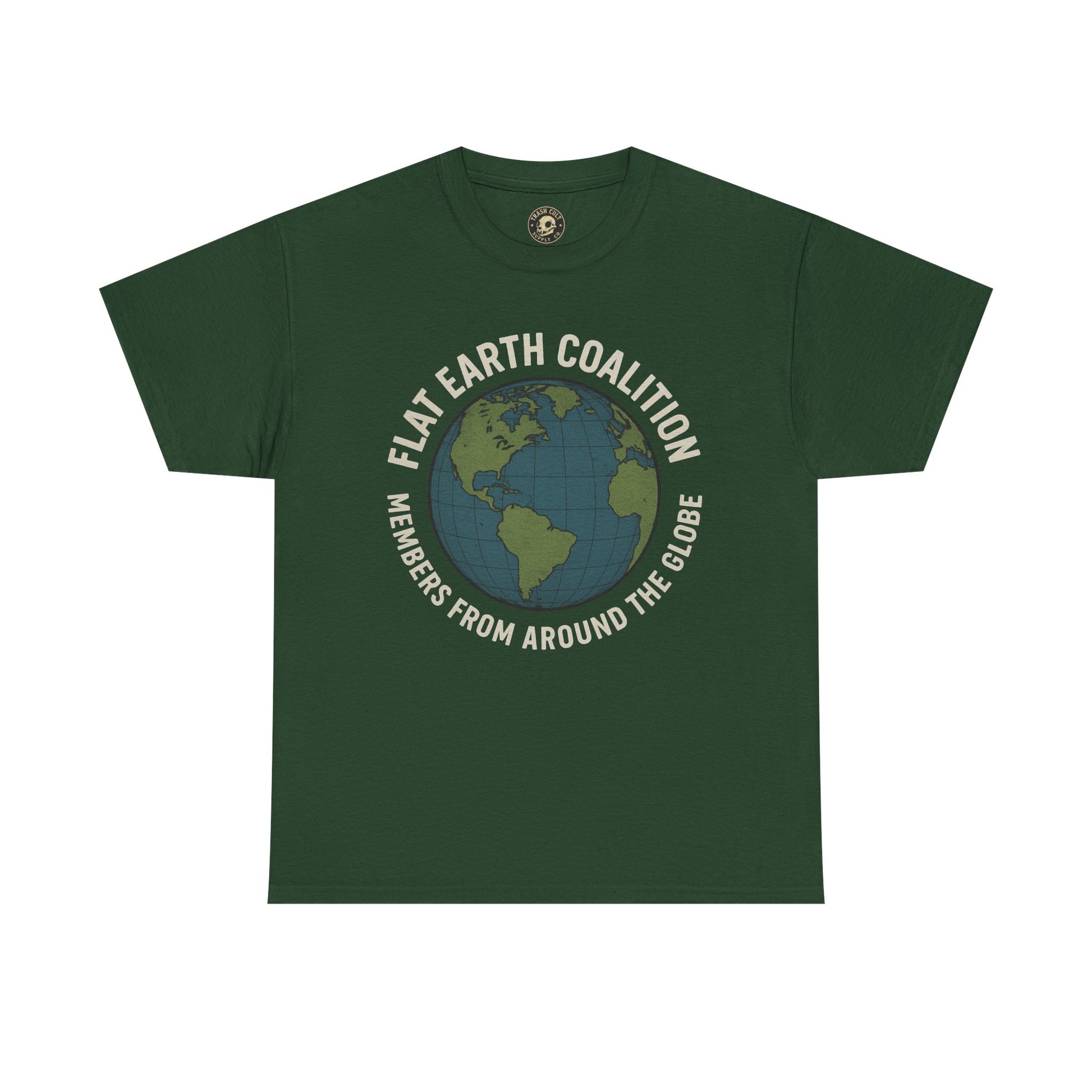 Flat Earth Coalition Funny Globe Parody Shirt – “Members From Around the Globe” Tee – Satirical Conspiracy Theory Humor Tee