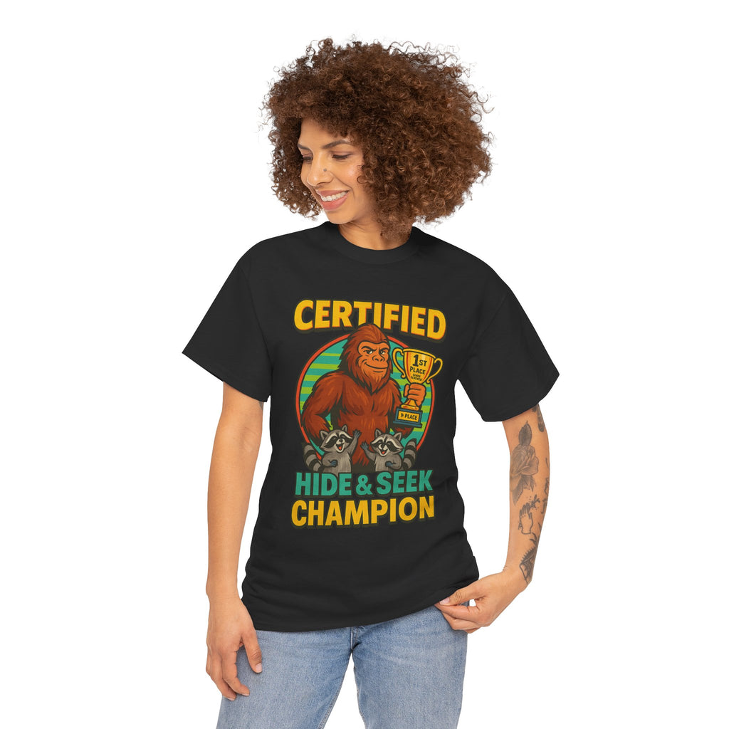 Certified Hide & Seek Champion Bigfoot T-Shirt – Funny Cryptid Shirt – Raccoon Forest Meme Tee – Gildan 5000