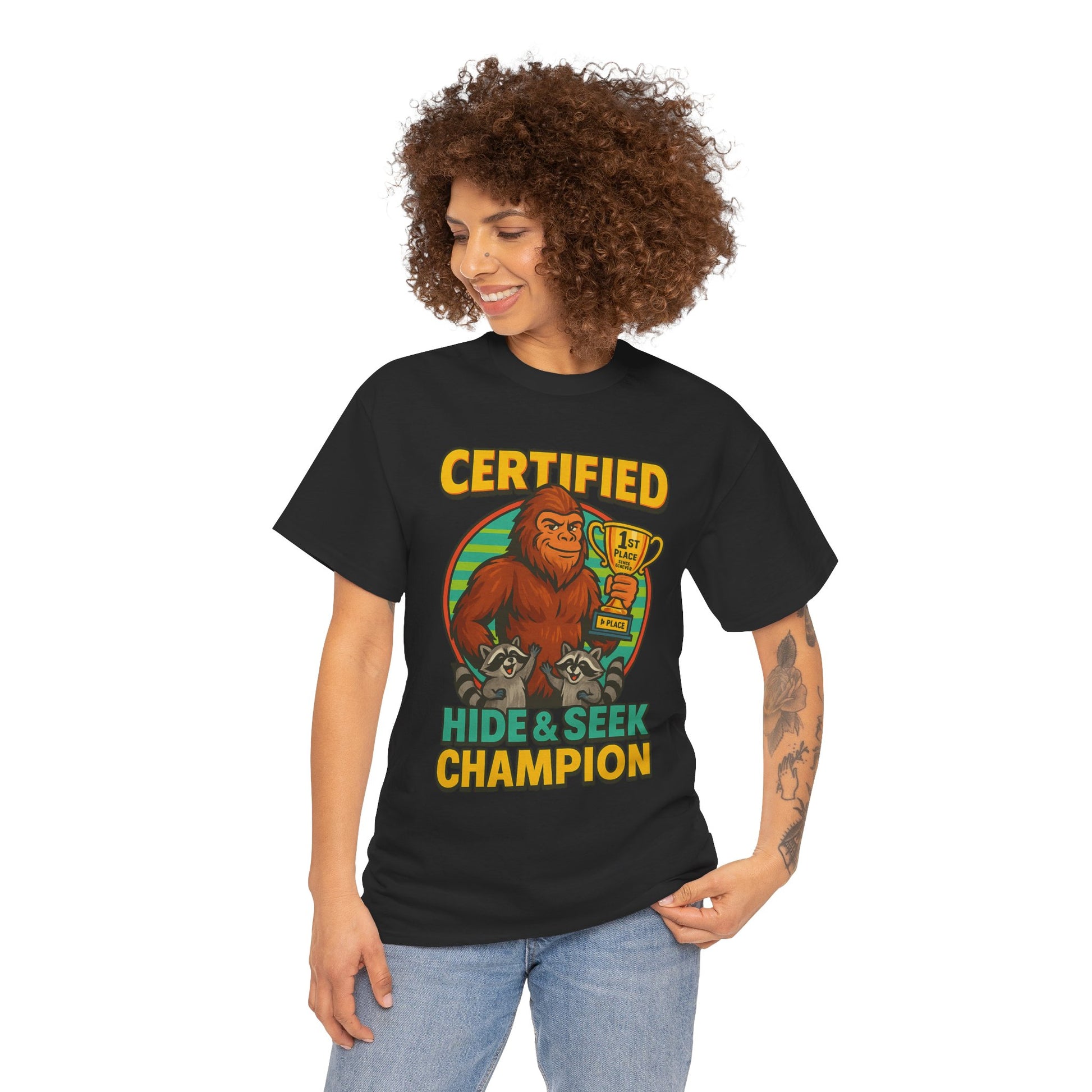 Certified Hide & Seek Champion Bigfoot T-Shirt – Funny Cryptid Shirt – Raccoon Forest Meme Tee – Gildan 5000