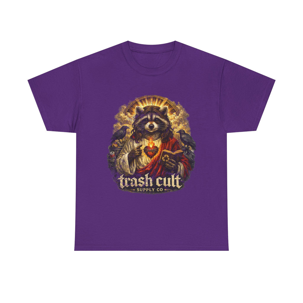 Raccoon Saint Graphic Tee — “Trash Cult” Vintage Devotional Design