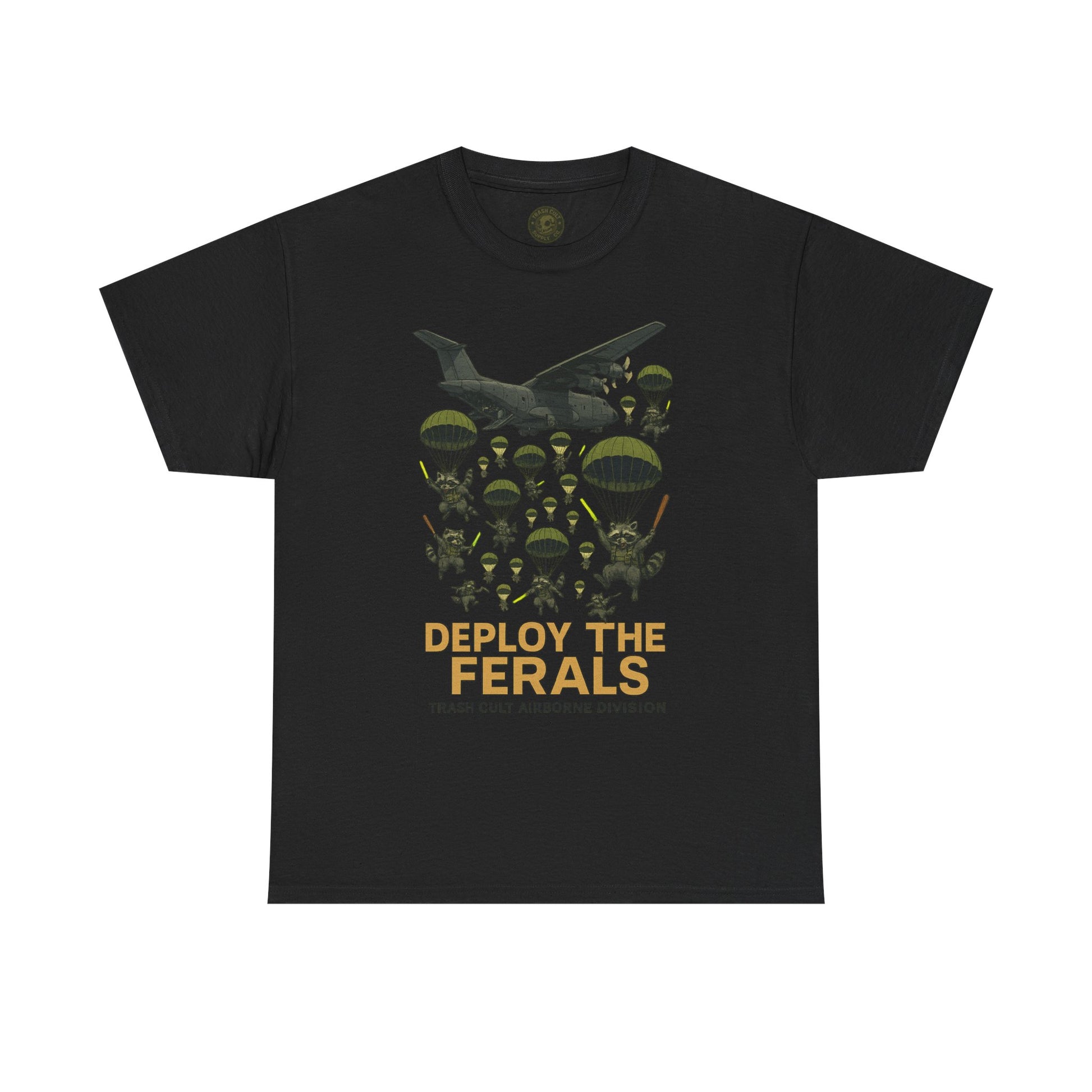Deploy the Ferals T-Shirt – Airborne Raccoon Drop Graphic | Trash Cult Supply Co. | Gildan 5000 Heavy Cotton Tee