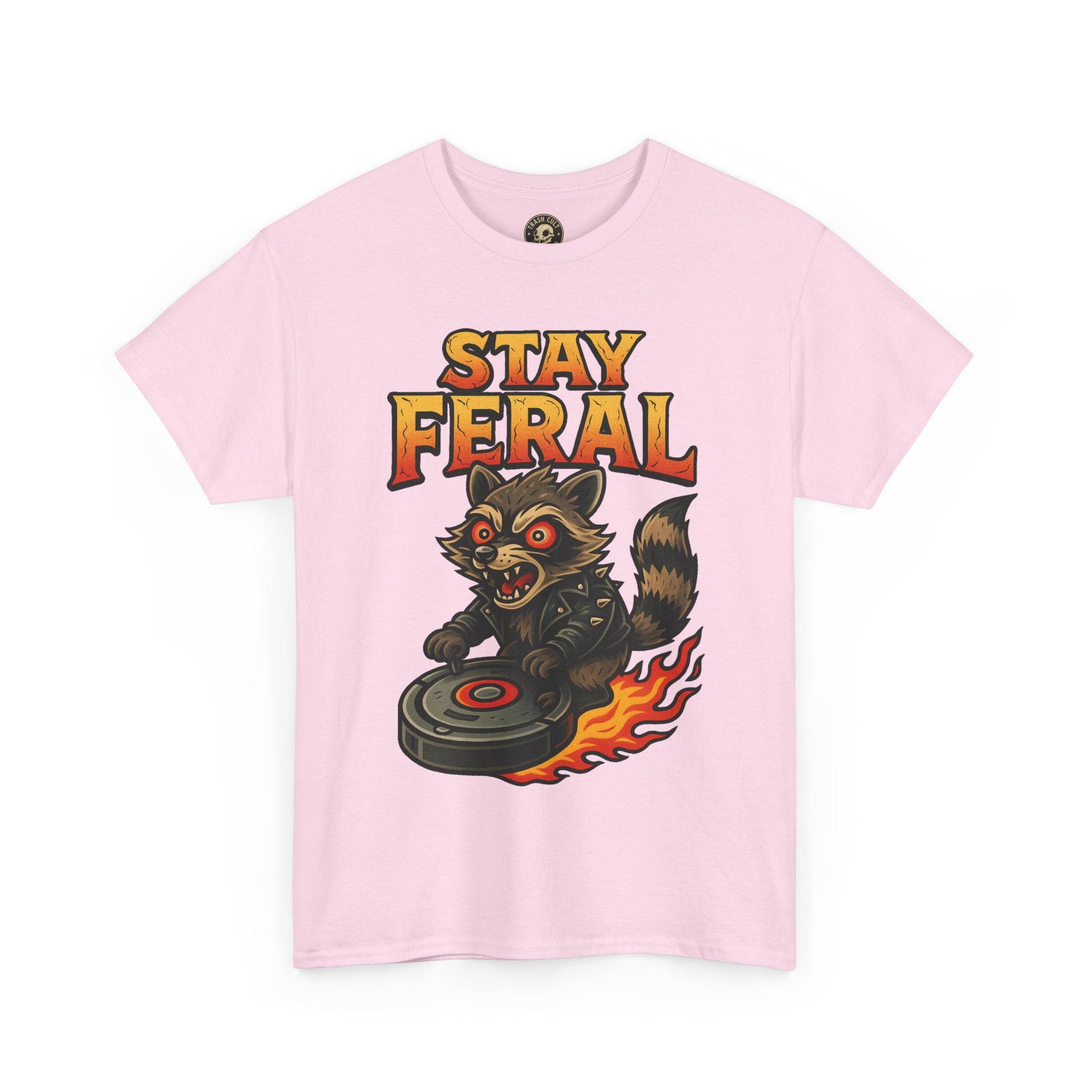 Stay Feral Roomba Raccoon T-Shirt – Bold New School Tattoo Style | Trash Cult Supply Co