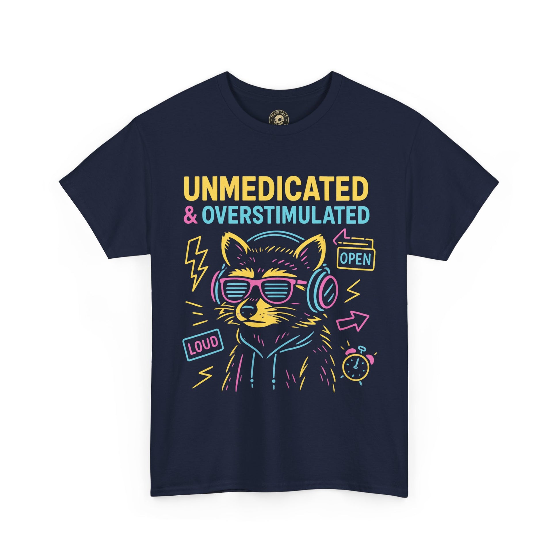 Unmedicated & Overstimulated Neon Raccoon ADHD Shirt – Trash Cult Supply Co. – Gildan 5000