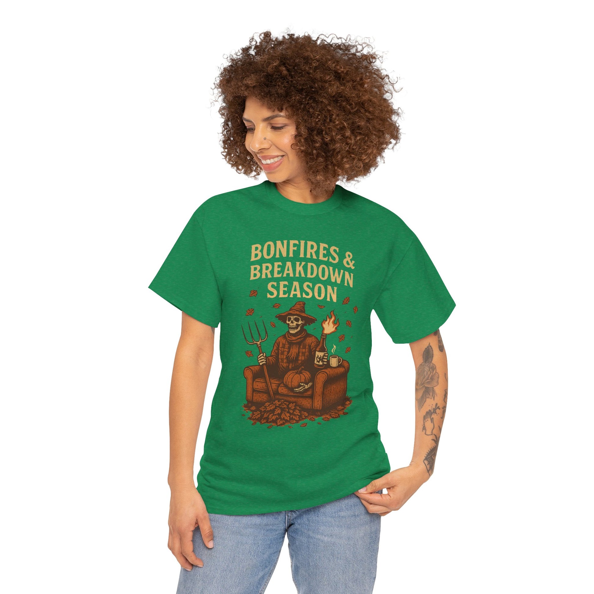 Bonfires & Breakdown Season Shirt – Skeleton Couch Chaos Tee – Fall of Humanity Collection – Trash Cult Supply Co.