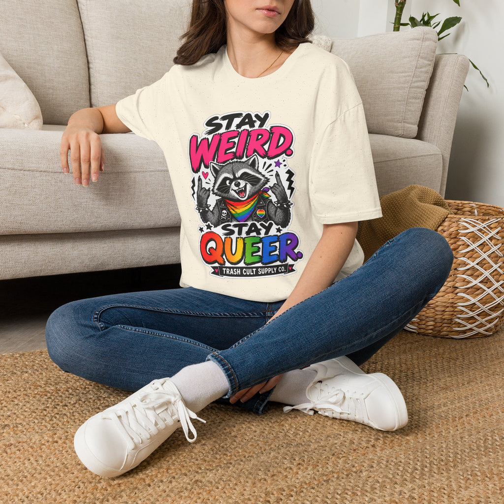 T-Shirt — "Stay Weird" Pride Raccoon Tee (Stay Queer)