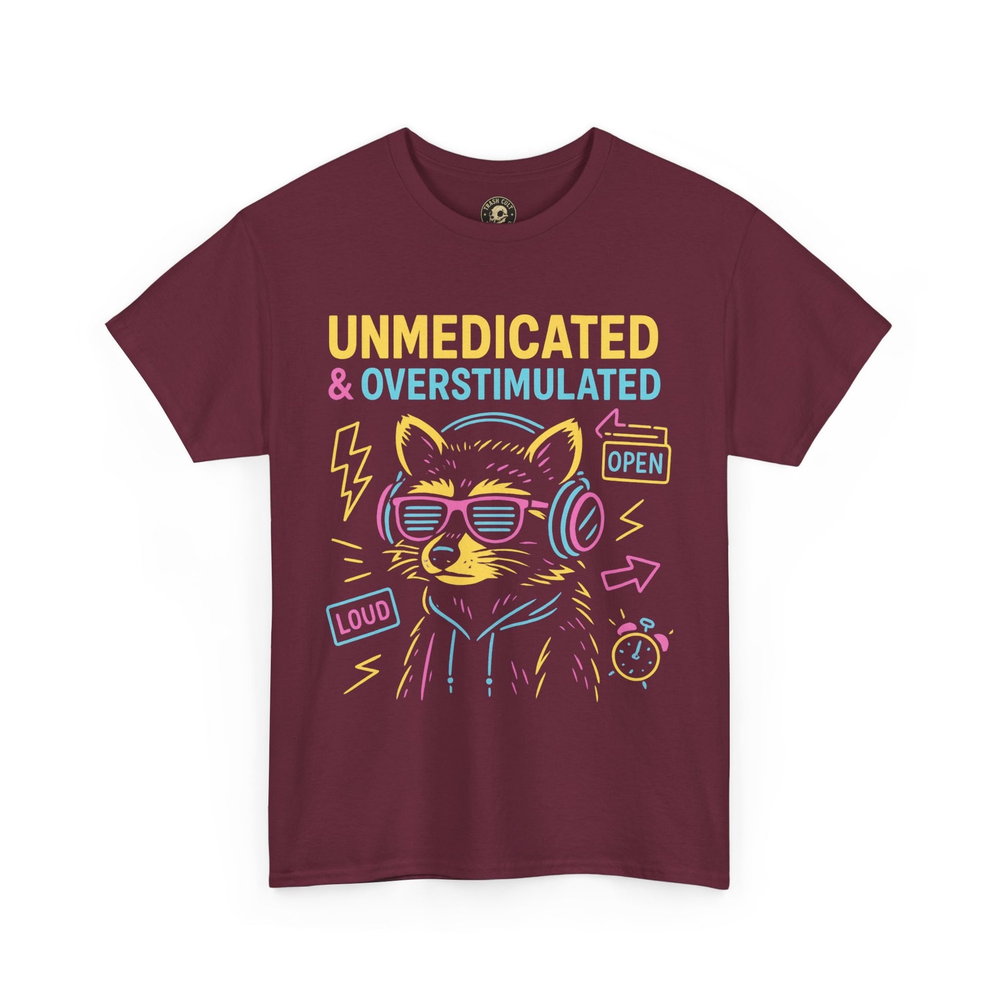 Unmedicated & Overstimulated Neon Raccoon ADHD Shirt – Trash Cult Supply Co. – Gildan 5000