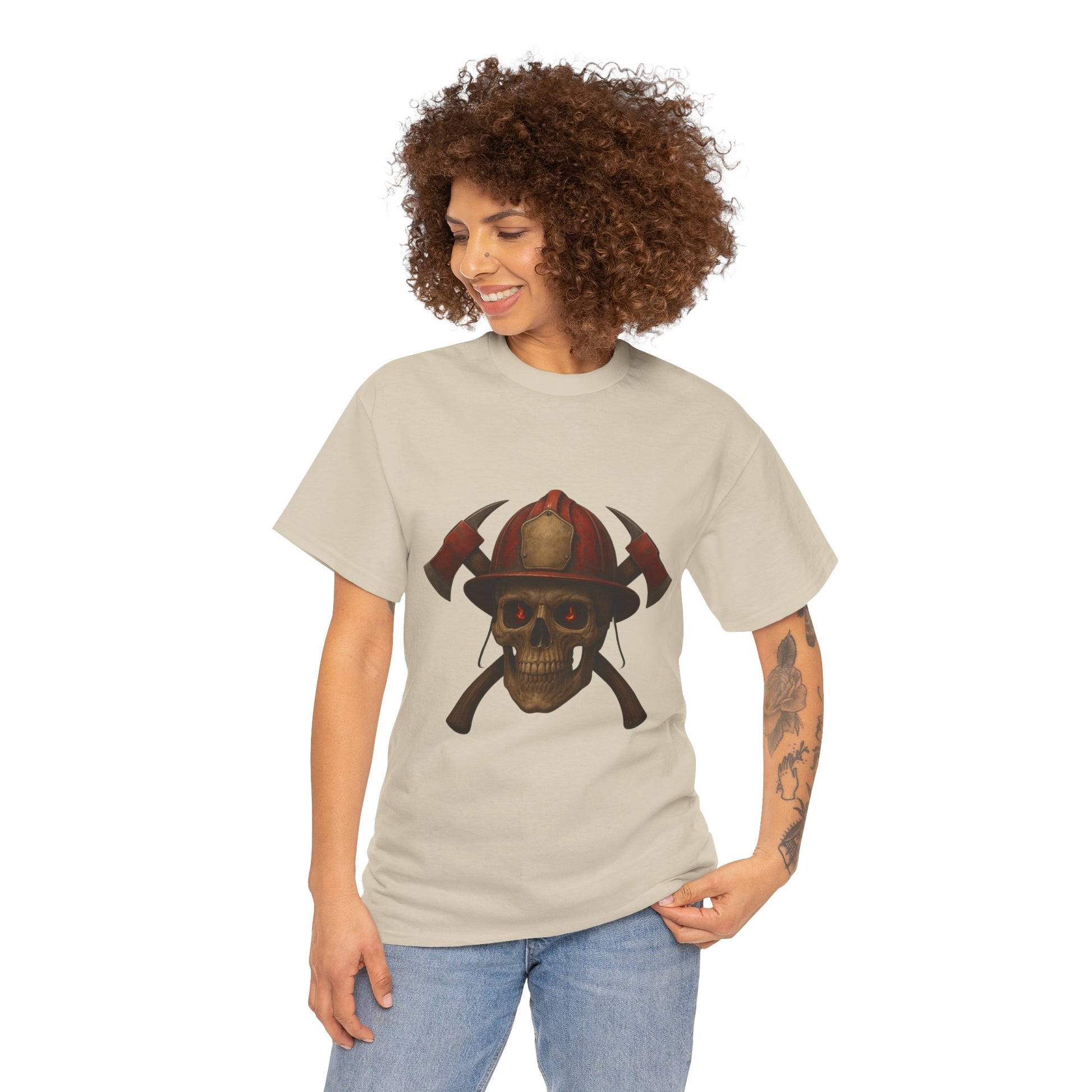 Skull Firefighter Tee, Unisex Heavy Cotton Shirt, Firefighter Gift, Halloween Costume T-Shirt, Unique Graphic Tee, Casual Wear