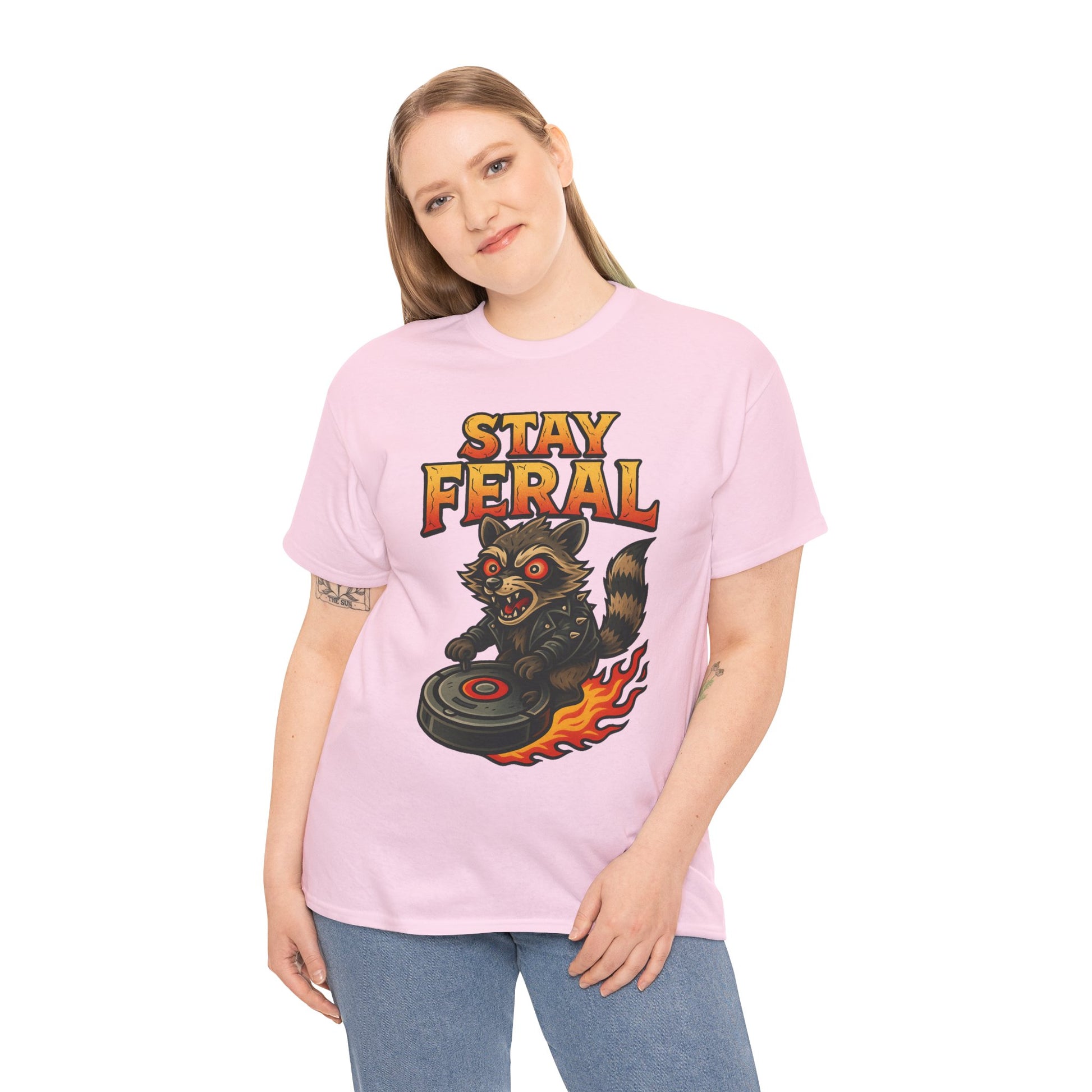 Stay Feral Roomba Raccoon T-Shirt – Bold New School Tattoo Style | Trash Cult Supply Co