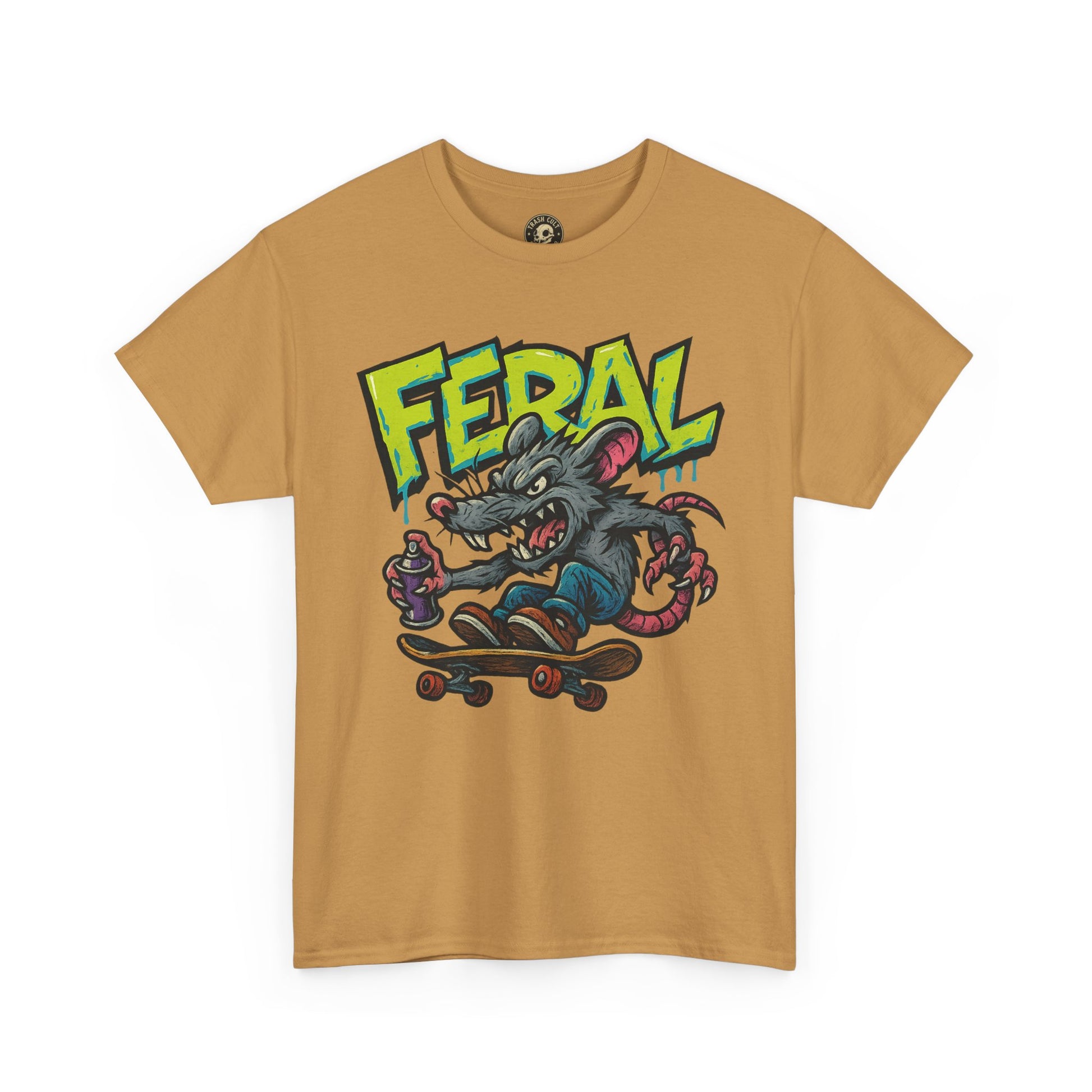 FERAL Graffiti Rat Skate Tee – Street Art Spray Can Mouse on Skateboard | Gildan 5000 Heavy Cotton Shirt