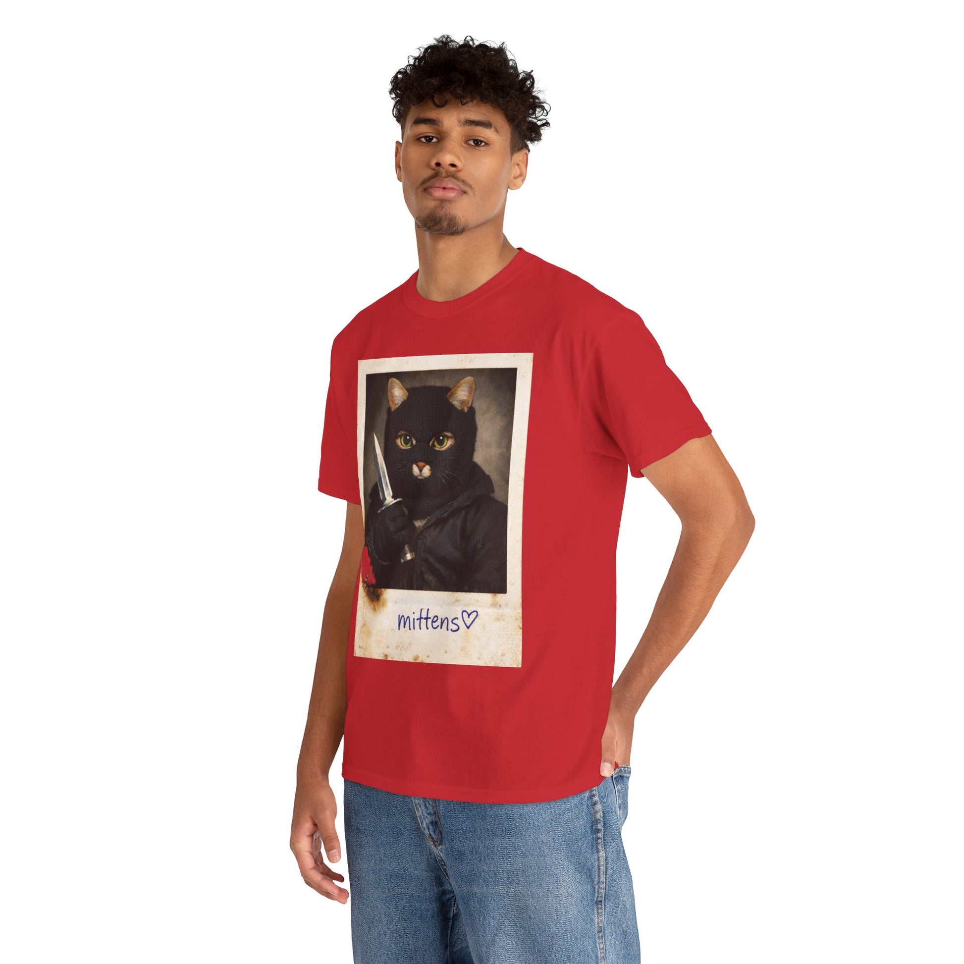 Cat With Knife Tee — "Mittens" Dark Humor Vintage Polaroid Graphic T-Shirt