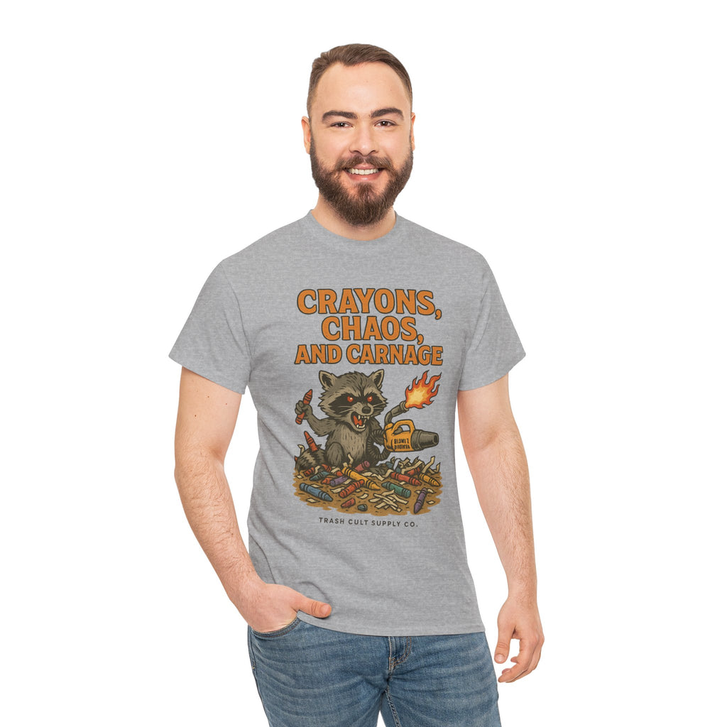 Crayons, Chaos, and Carnage T-Shirt – Dark Humor Raccoon Graphic | Trash Cult Supply Co. | Gildan 5000 Tee
