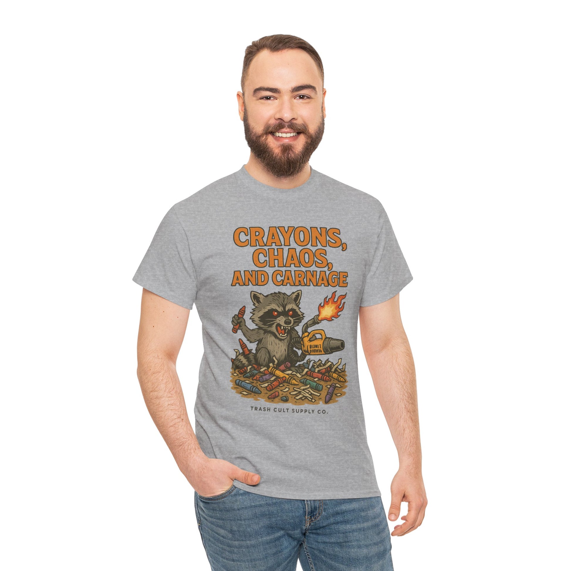 Crayons, Chaos, and Carnage T-Shirt – Dark Humor Raccoon Graphic | Trash Cult Supply Co. | Gildan 5000 Tee