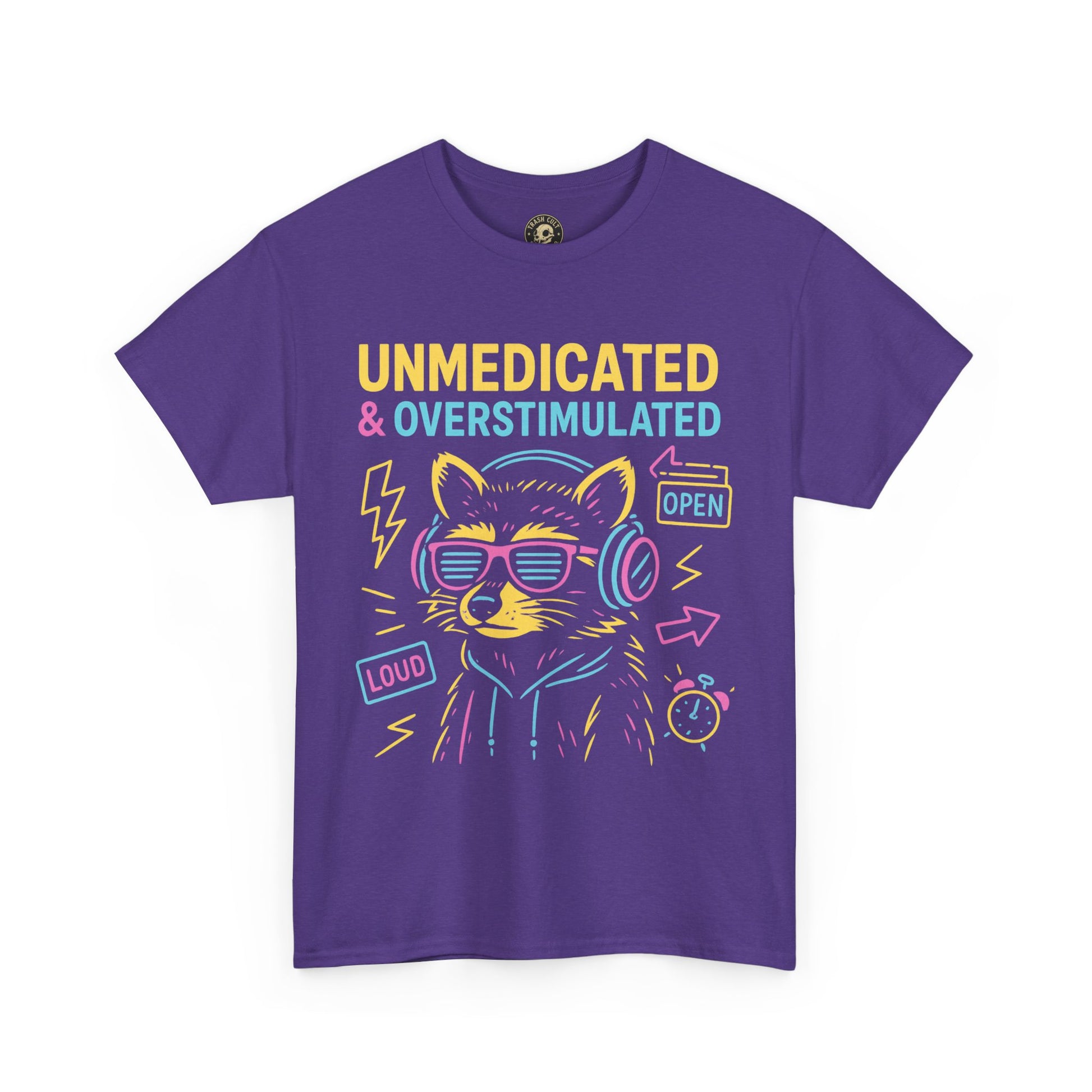 Unmedicated & Overstimulated Neon Raccoon ADHD Shirt – Trash Cult Supply Co. – Gildan 5000