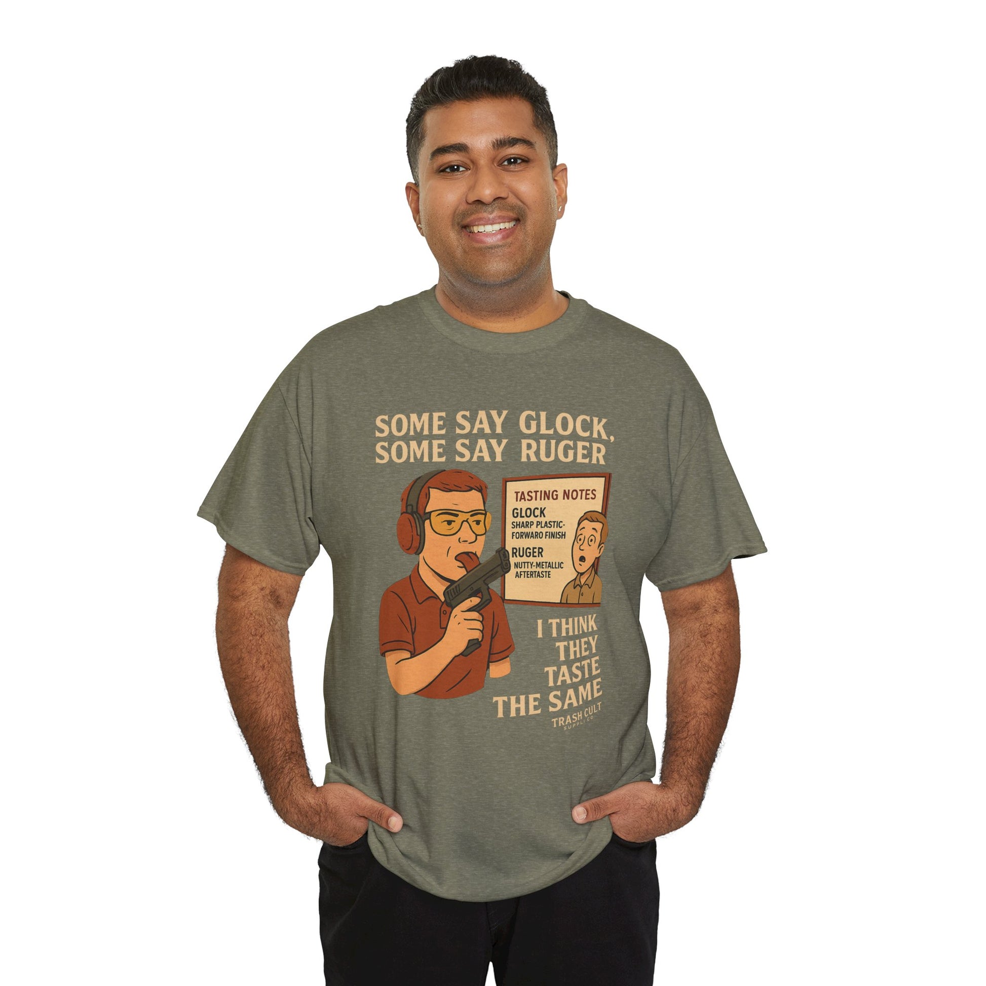 Glock vs Ruger Mouthfeel Shirt – Funny Gun Show Parody Tee | Dark Humor Firearm Tasting Notes Shirt