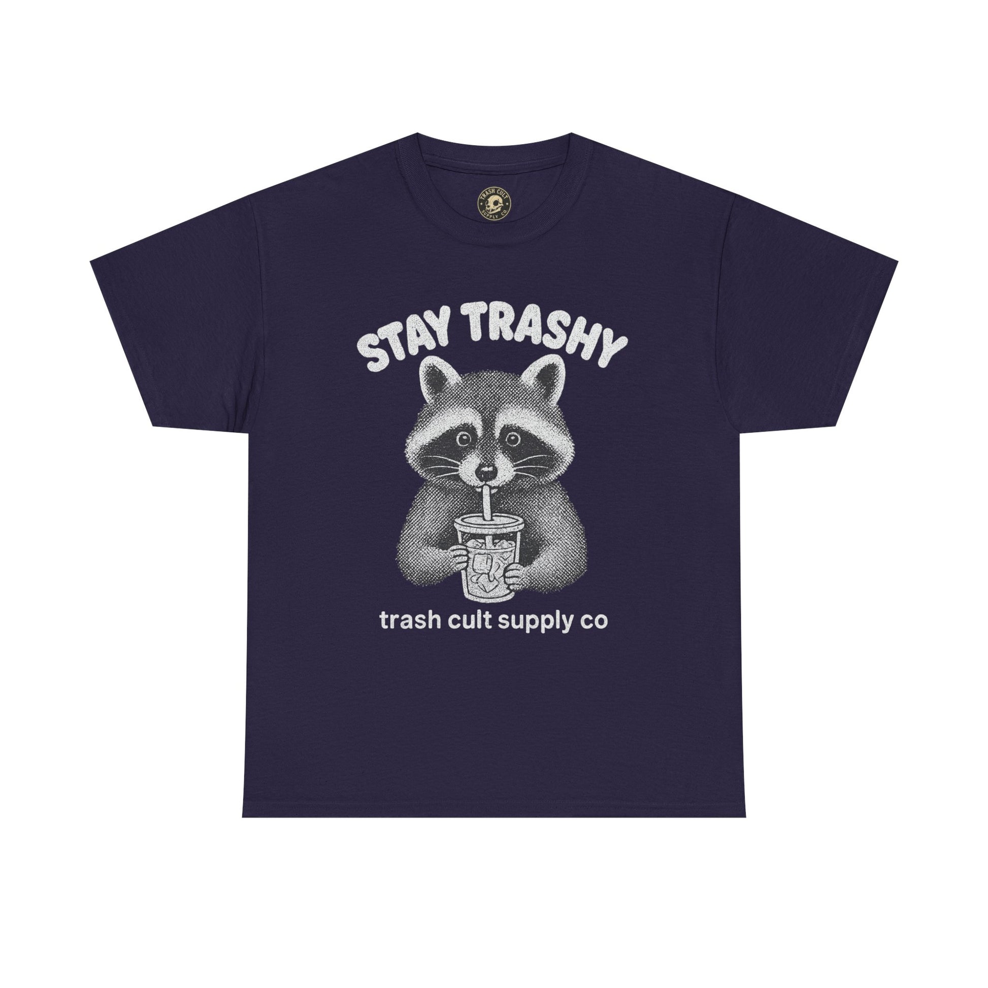 Stay Trashy Raccoon Iced Coffee Shirt – Halftone All White Design | Trash Cult Supply Co.