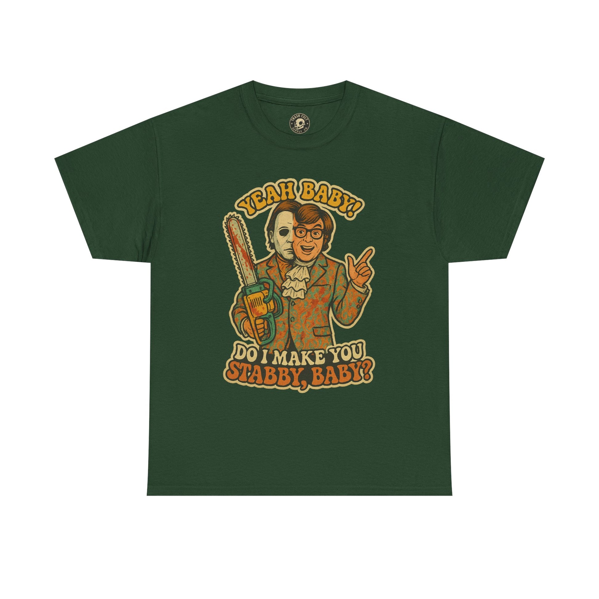 Mike Myers Parody Shirt – “Do I Make You Stabby, Baby?” Funny Horror Mashup Tee – Gildan 5000 Unisex