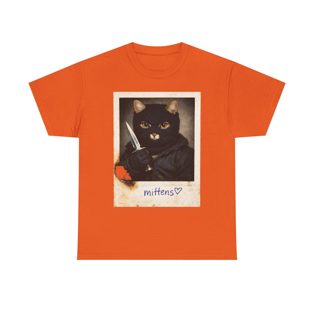 Cat With Knife Tee — "Mittens" Dark Humor Vintage Polaroid Graphic T-Shirt