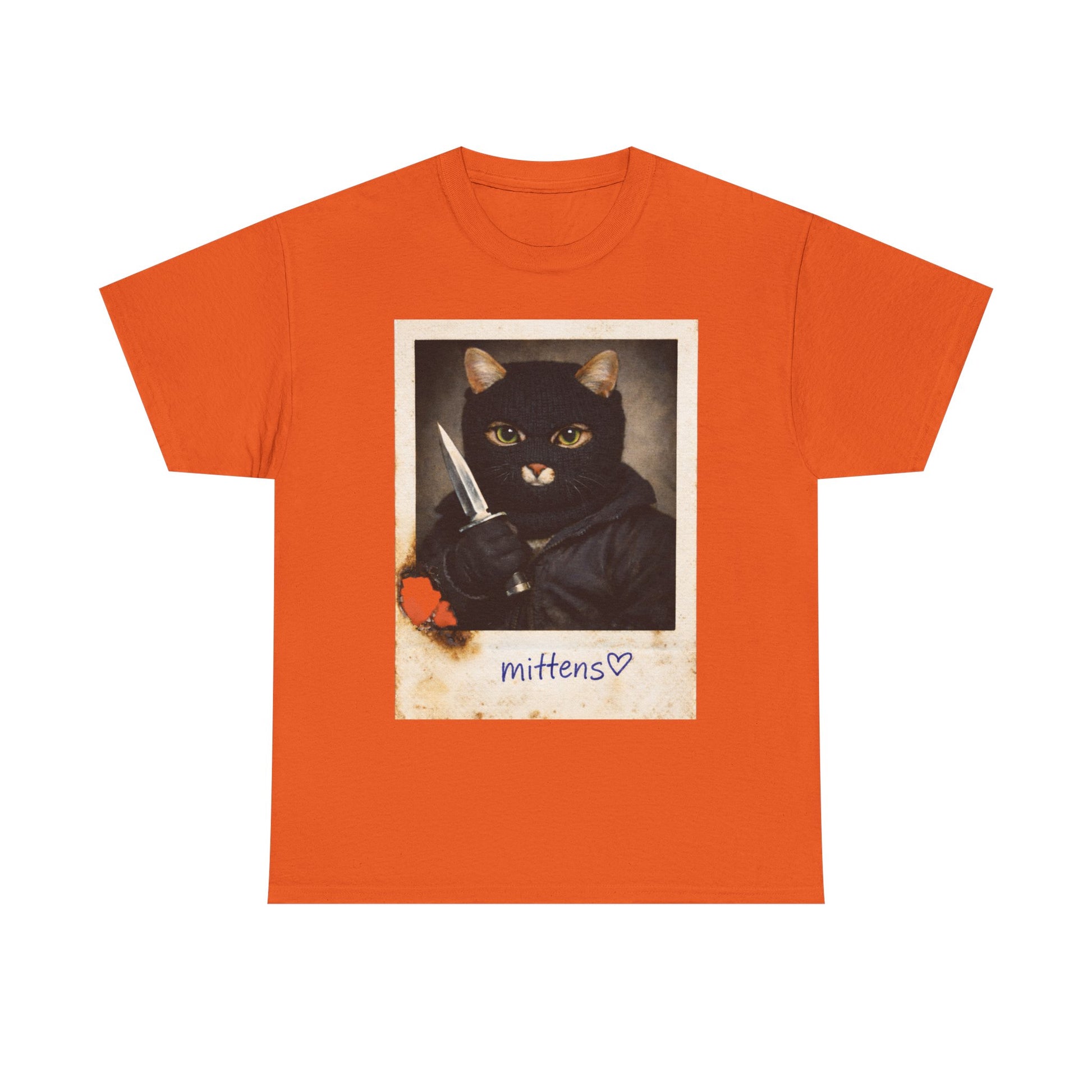 Cat With Knife Tee — "Mittens" Dark Humor Vintage Polaroid Graphic T-Shirt