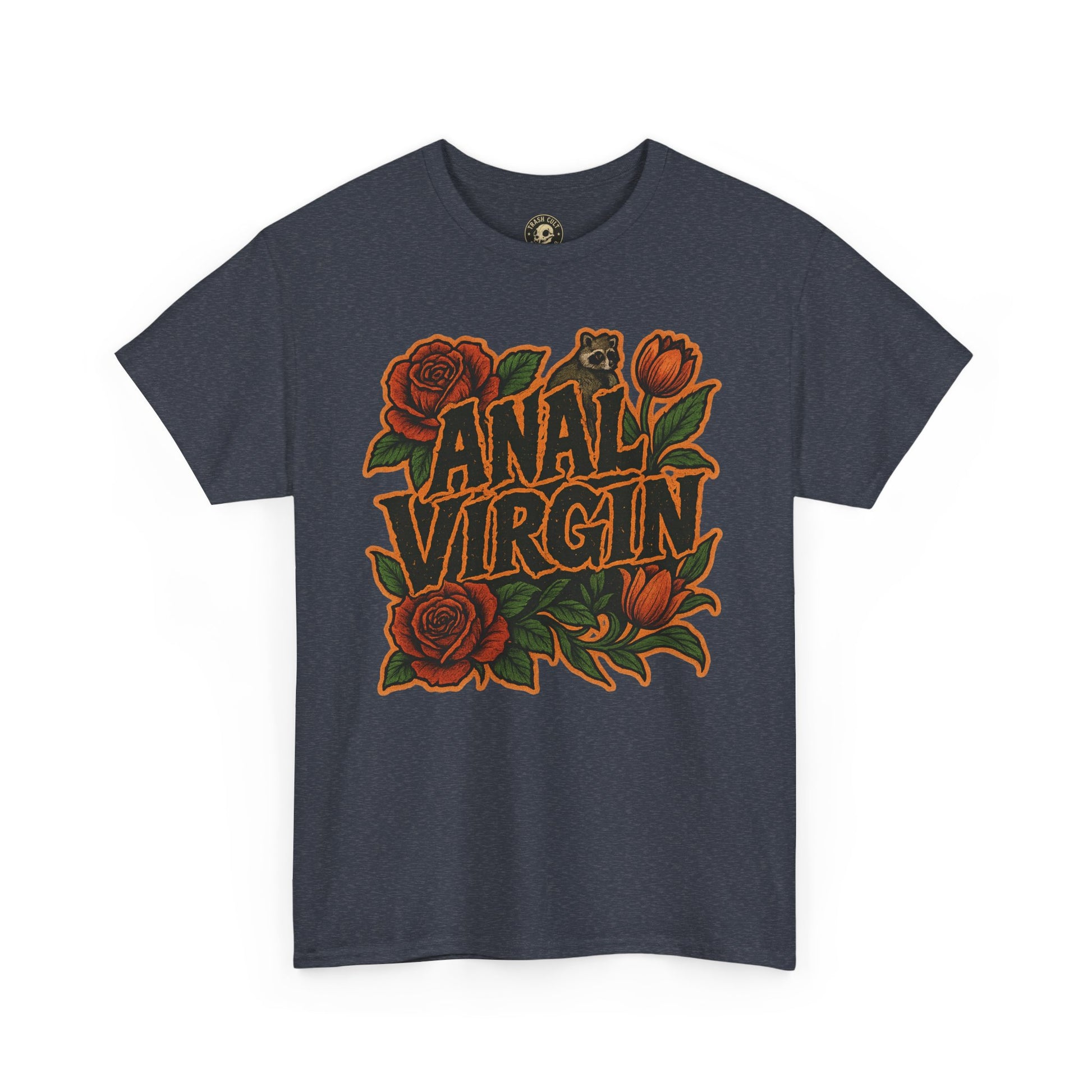 Anal Virgin Bold Floral Trashcore Tee – Funny Raccoon Shirt – Gildan 5000