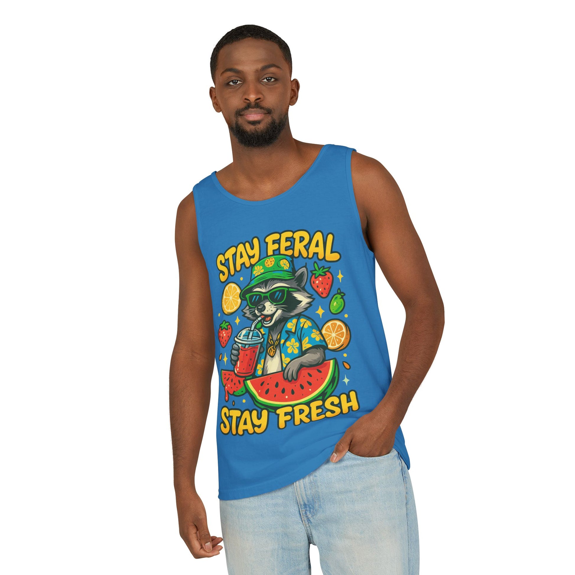 Stay Feral Stay Fresh Tank Top, Summer Apparel, Unisex Graphic Tee, Beachwear, Fun Gift for Animal Lovers
