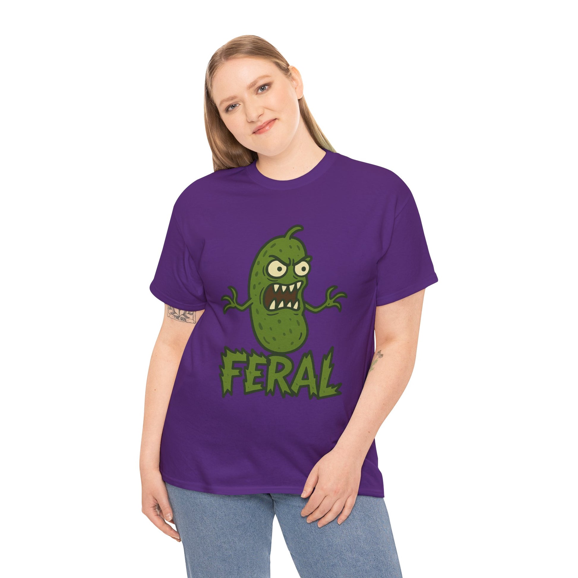 Feral Pickle Cartoon Tee – Trashcore Angry Pickle Shirt – Gildan 5000 Unisex Heavy Cotton
