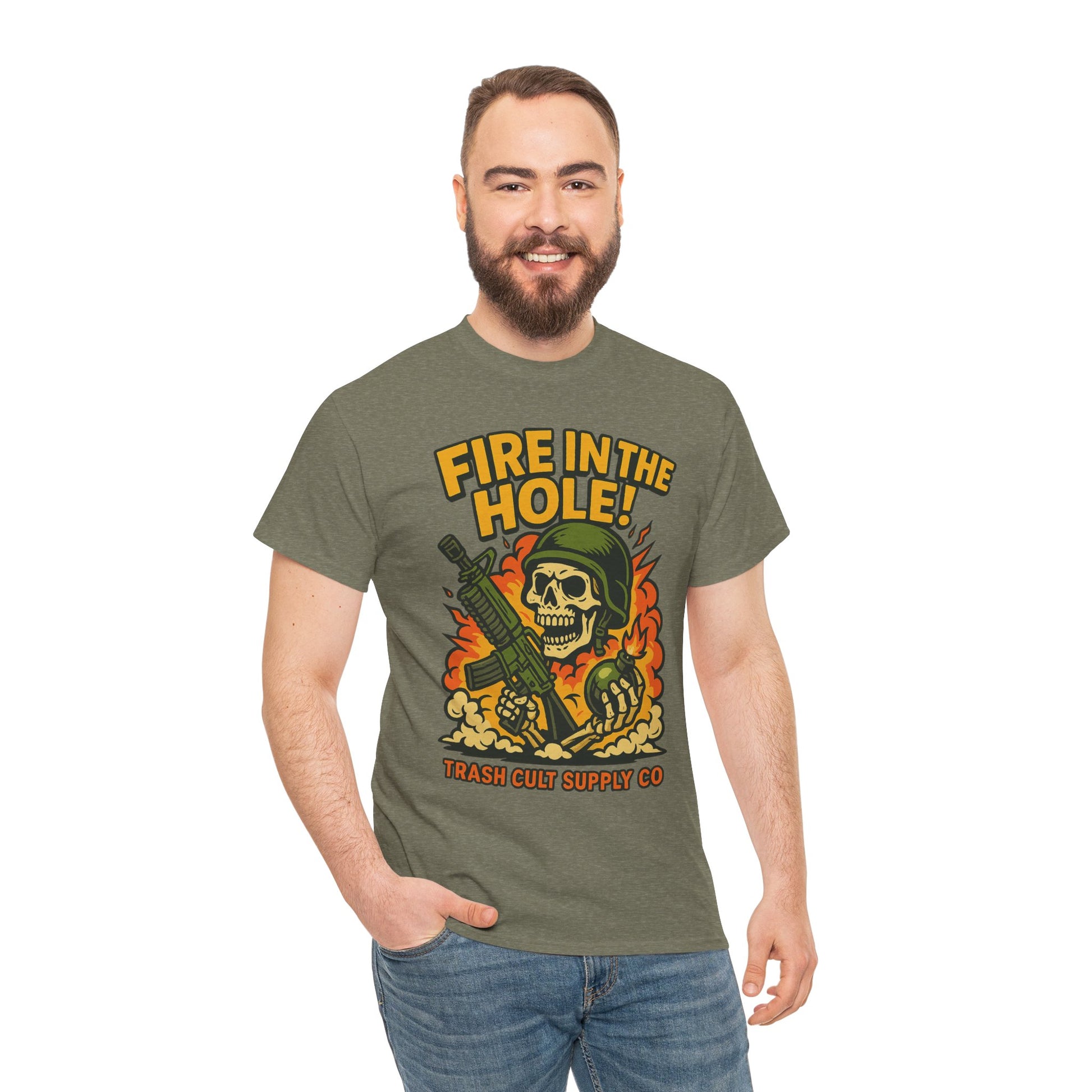 Fire in the Hole! Skeleton Soldier T-Shirt – Trash Cult Supply Co. | Gildan 5000 Combat Graphic Tee