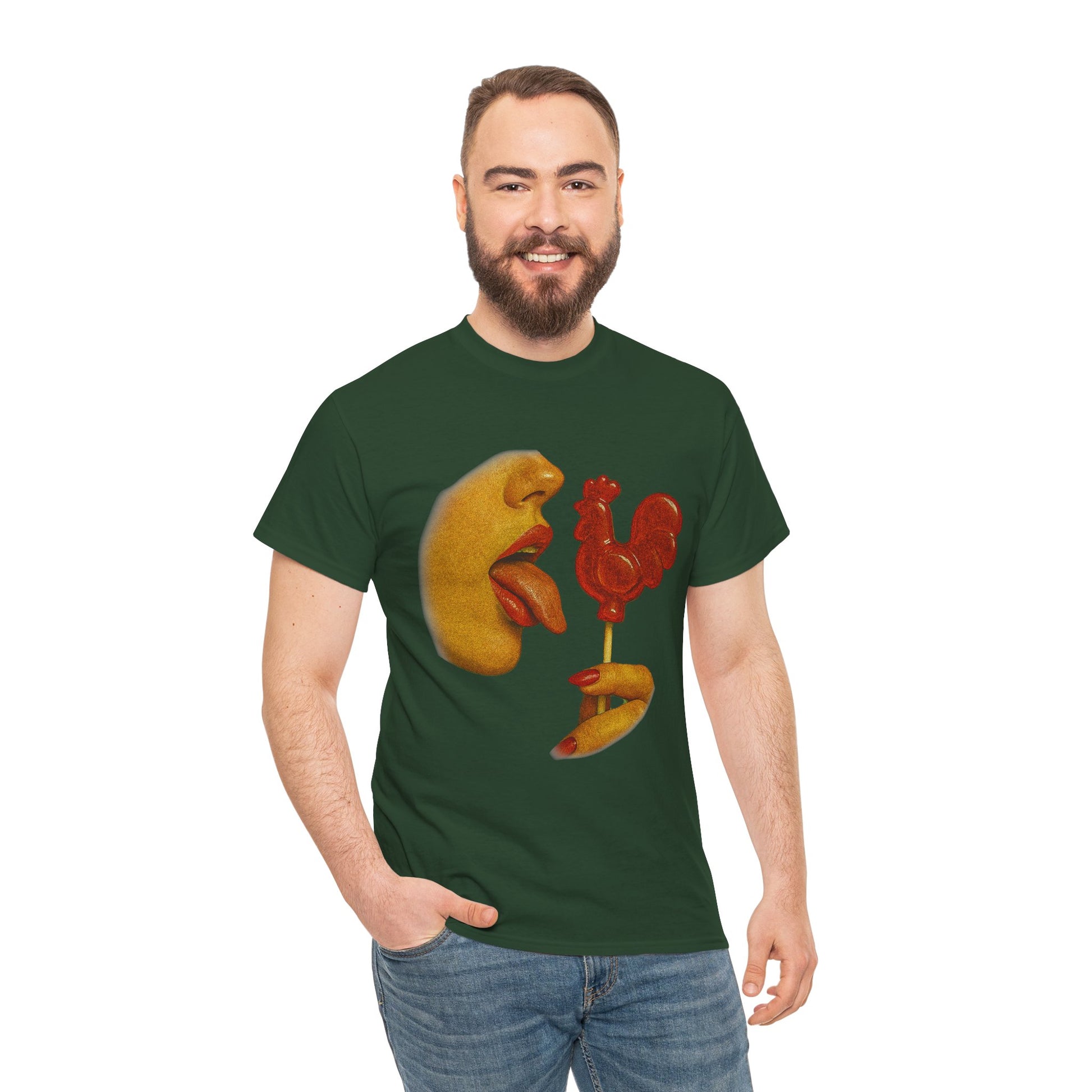 Bold Retro Halftone Tease – Red Rooster Lollipop Graphic Tee