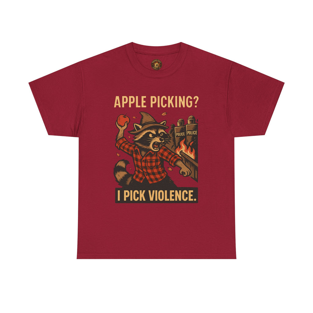 Apple Picking? I Pick Violence Shirt – Angry Raccoon Riot Tee – Fall of Humanity Collection – Trash Cult Supply Co.