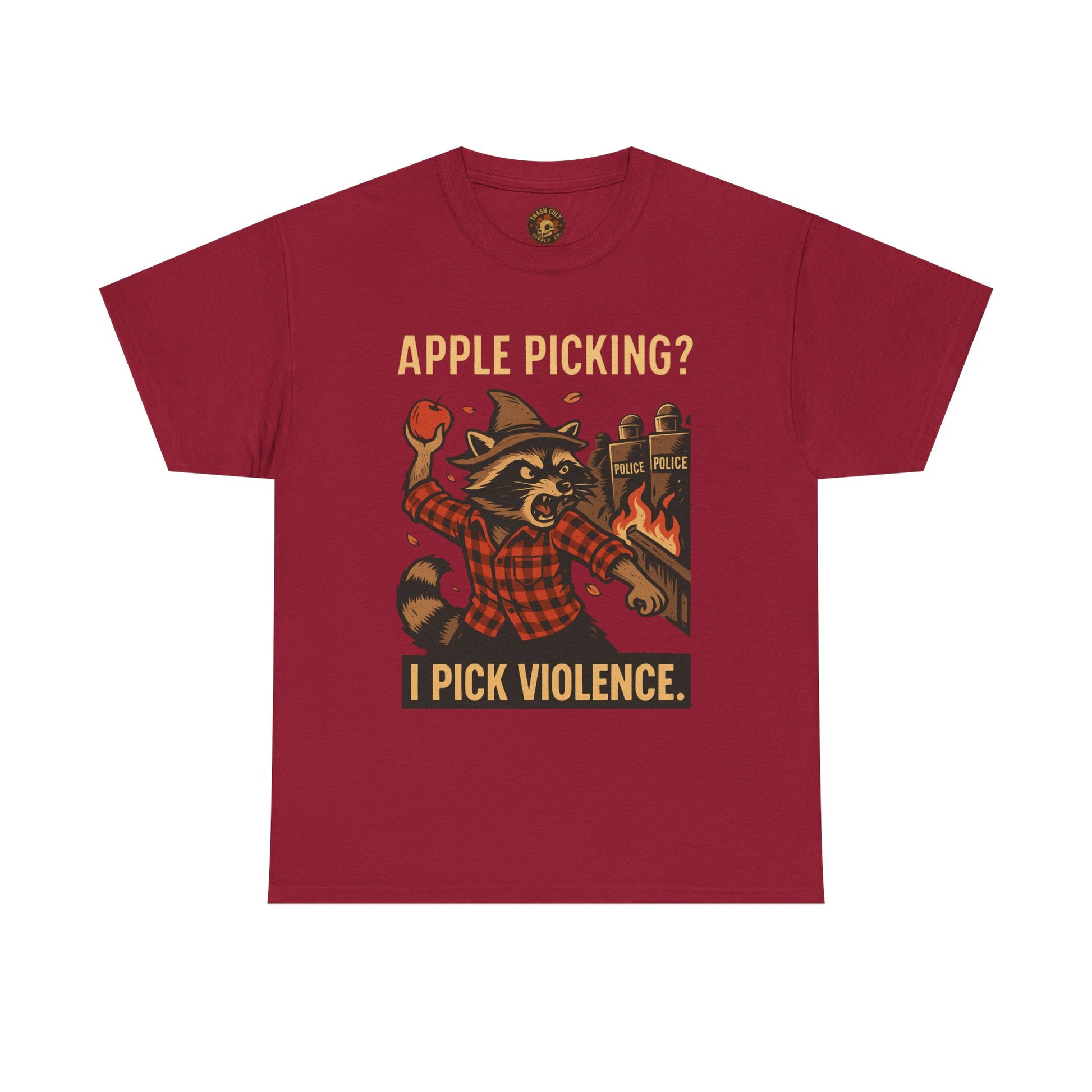 Apple Picking? I Pick Violence Shirt – Angry Raccoon Riot Tee – Fall of Humanity Collection – Trash Cult Supply Co.