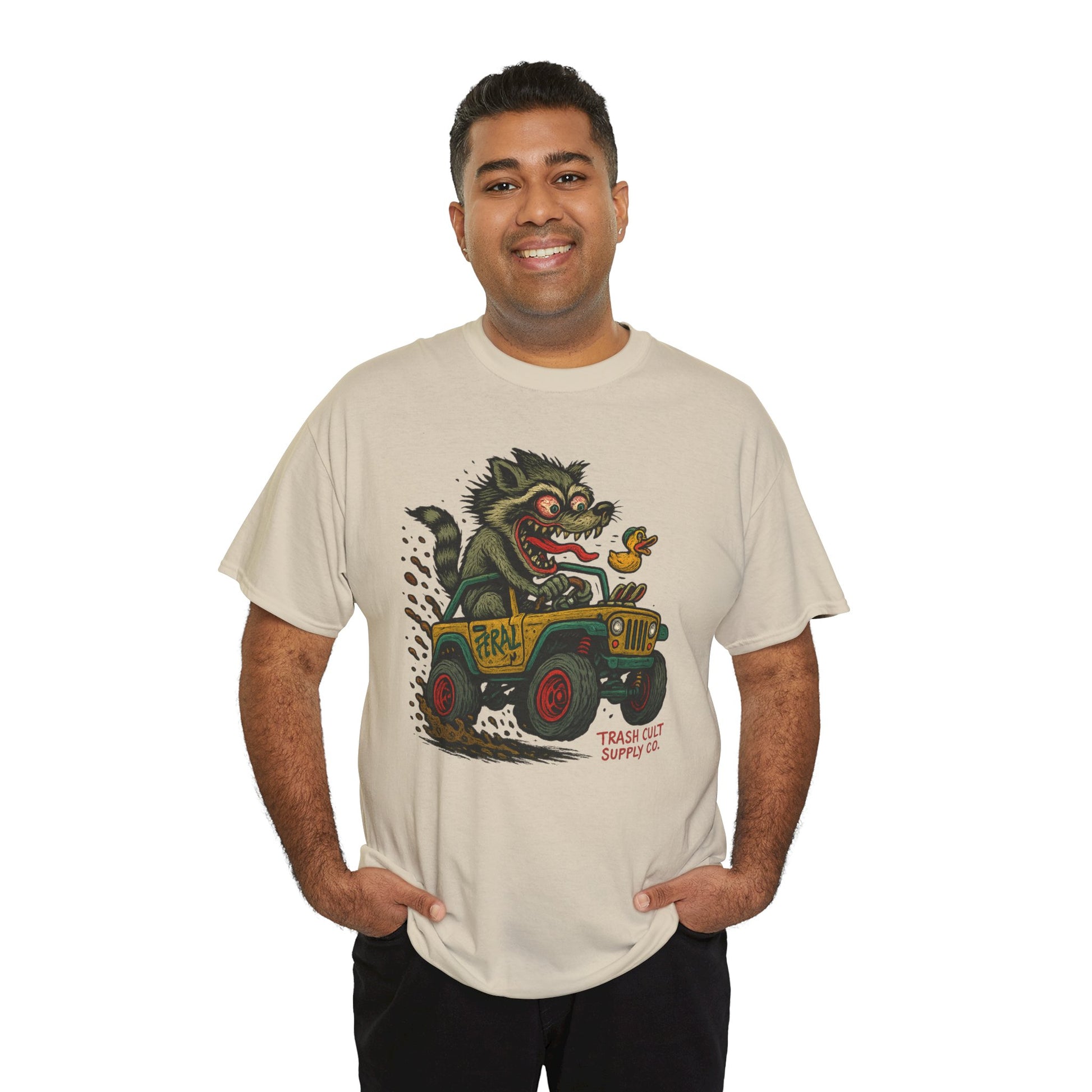Feral Jeep Raccoon Shirt – Ed Roth Style Off-Road Chaos | Trash Cult Supply Co | Gildan 5000 Tee