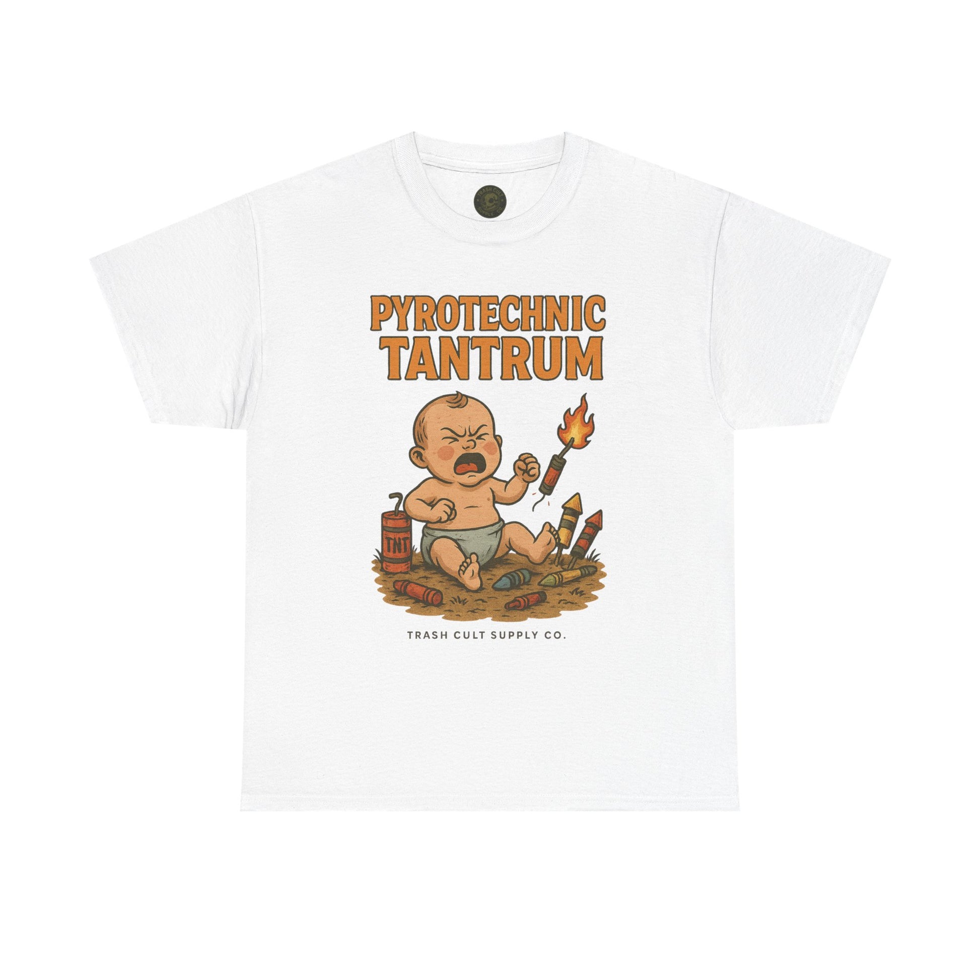 Pyrotechnic Tantrum T-Shirt – Explosive Baby Humor Graphic | Trash Cult Supply Co. | Gildan 5000 Tee