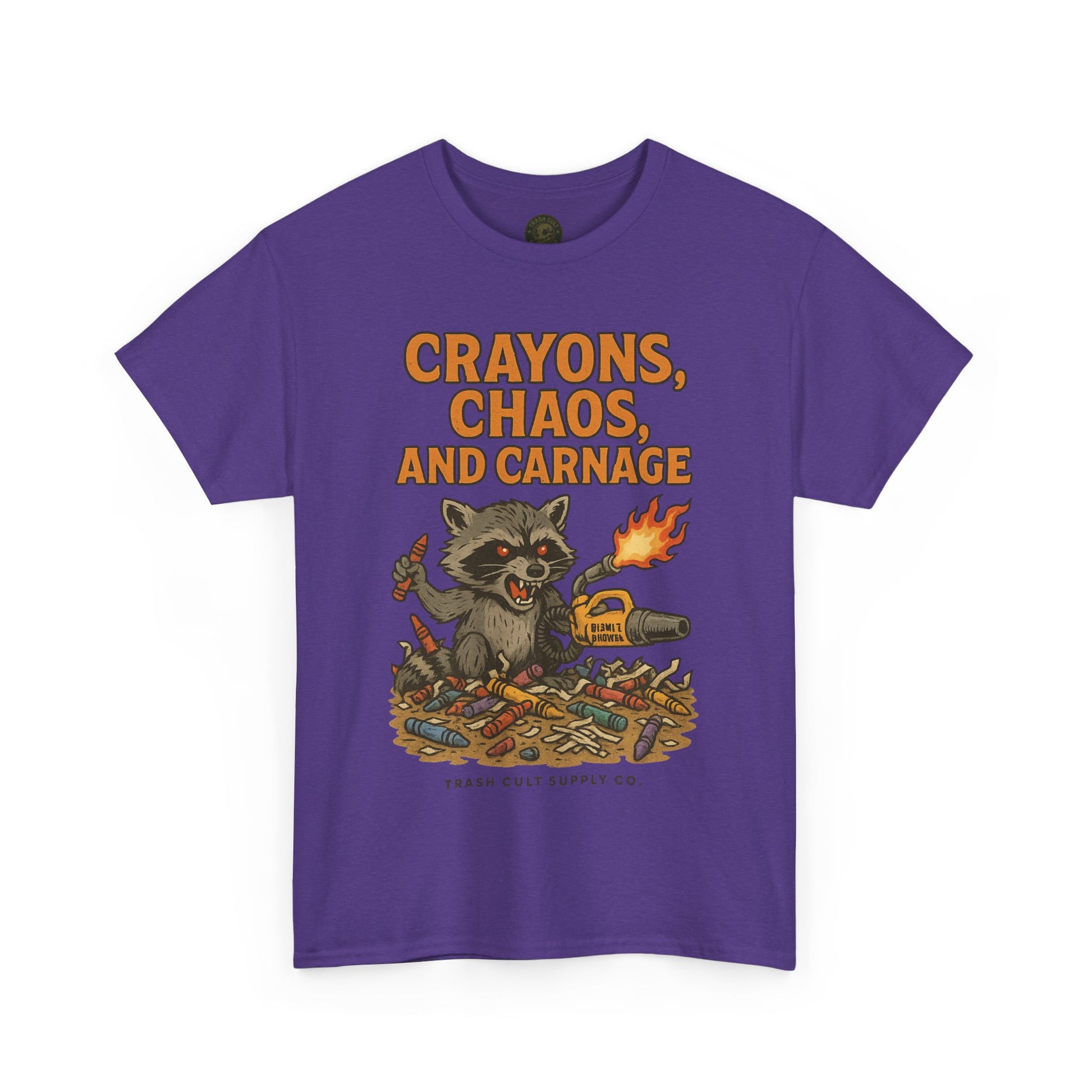 Crayons, Chaos, and Carnage T-Shirt – Dark Humor Raccoon Graphic | Trash Cult Supply Co. | Gildan 5000 Tee