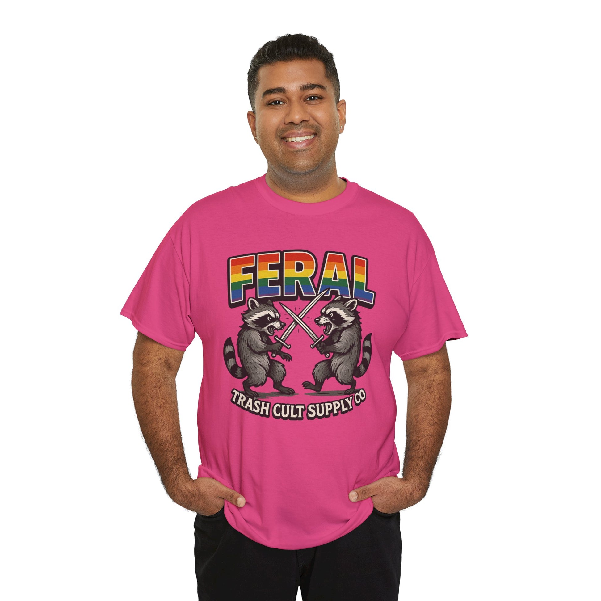 FERAL Rainbow Raccoon Sword Fighting Graphic Tee – Gildan 5000 Heavy Cotton