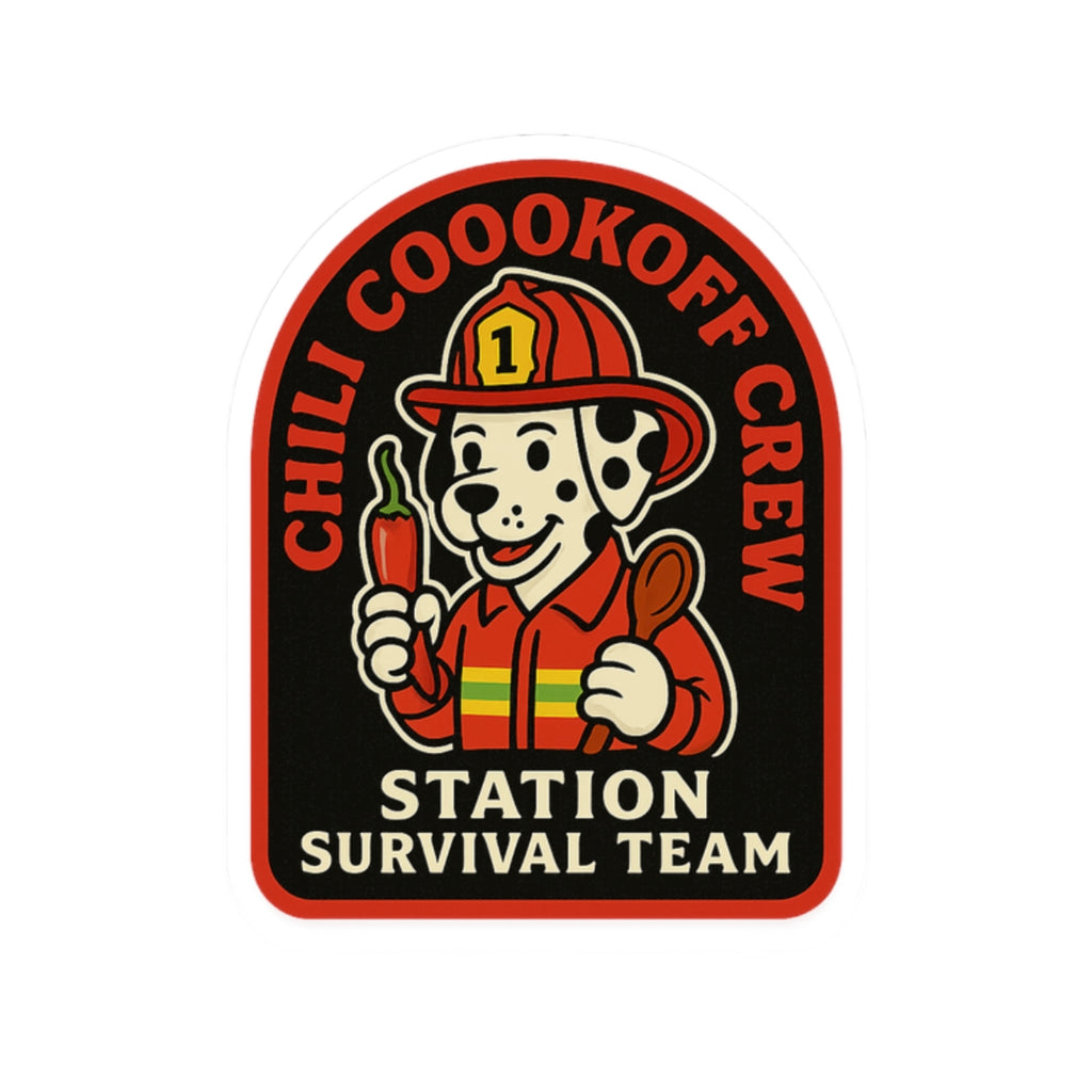 Chili Cookoff Crew – Station Survival Team Sticker – Funny Firefighter Vinyl Decal with Dalmatian Chef Design