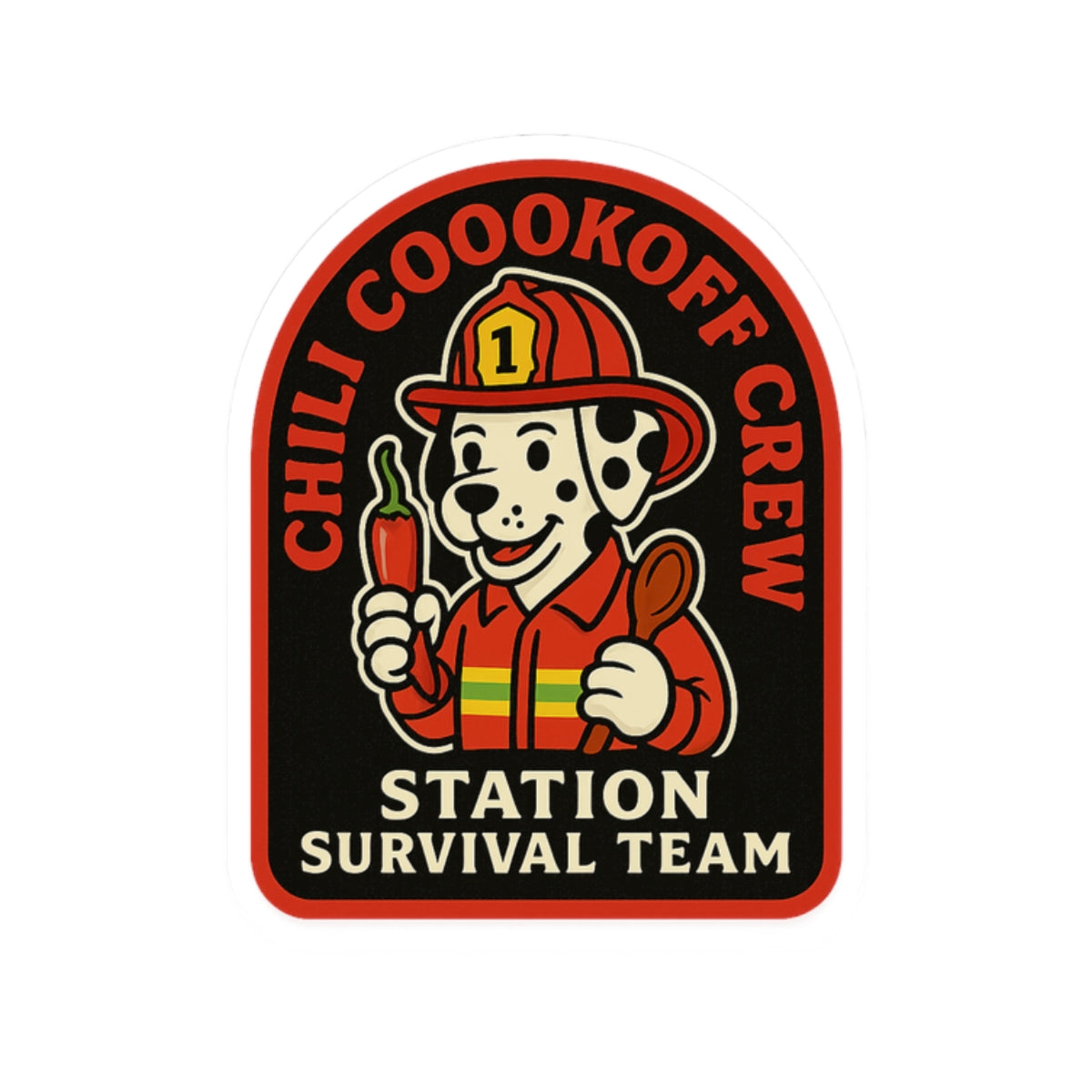 Chili Cookoff Crew – Station Survival Team Sticker – Funny Firefighter Vinyl Decal with Dalmatian Chef Design