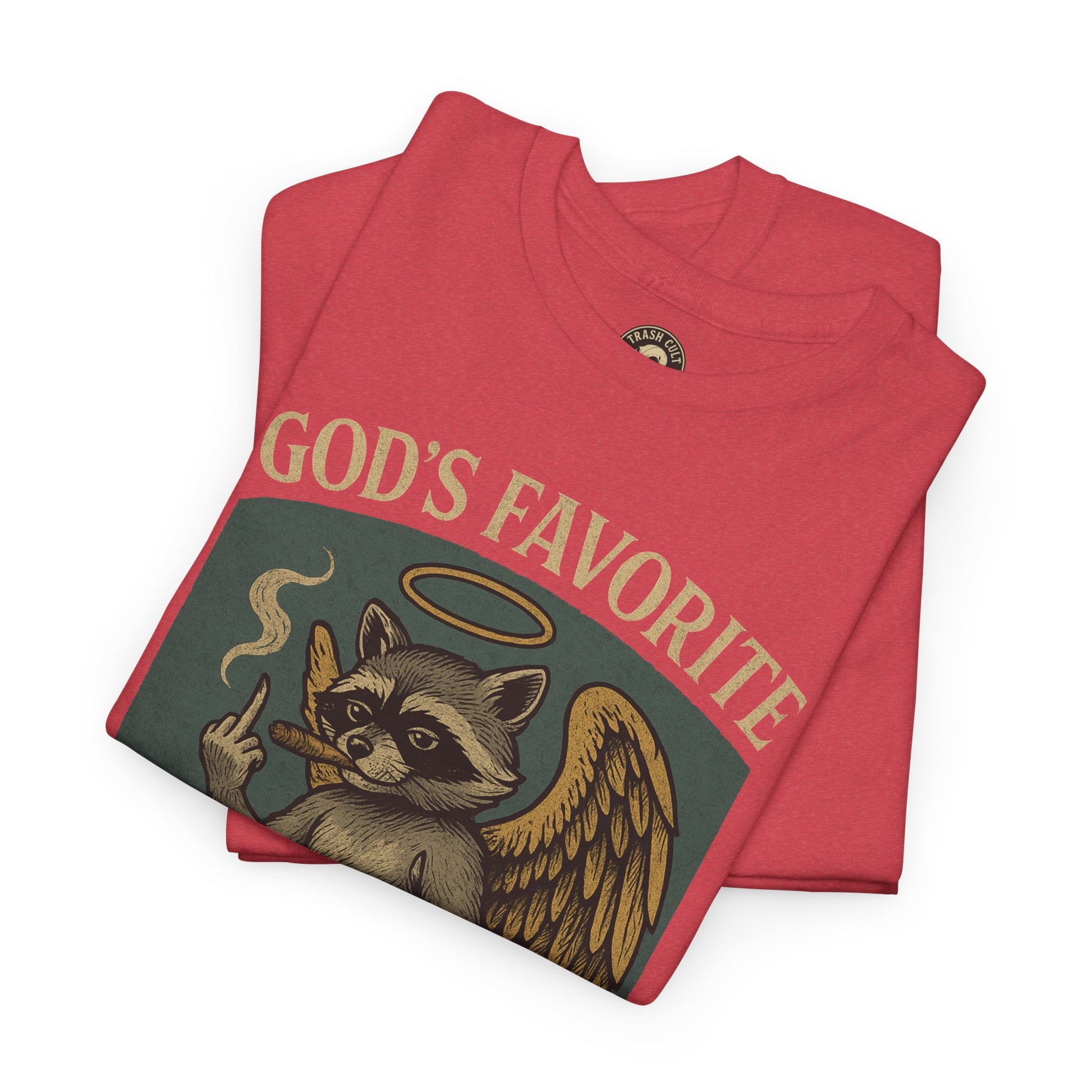 God’s Favorite Mistake Shirt – Raccoon Angel Flipping the Bird by Trash Cult Supply Co.
