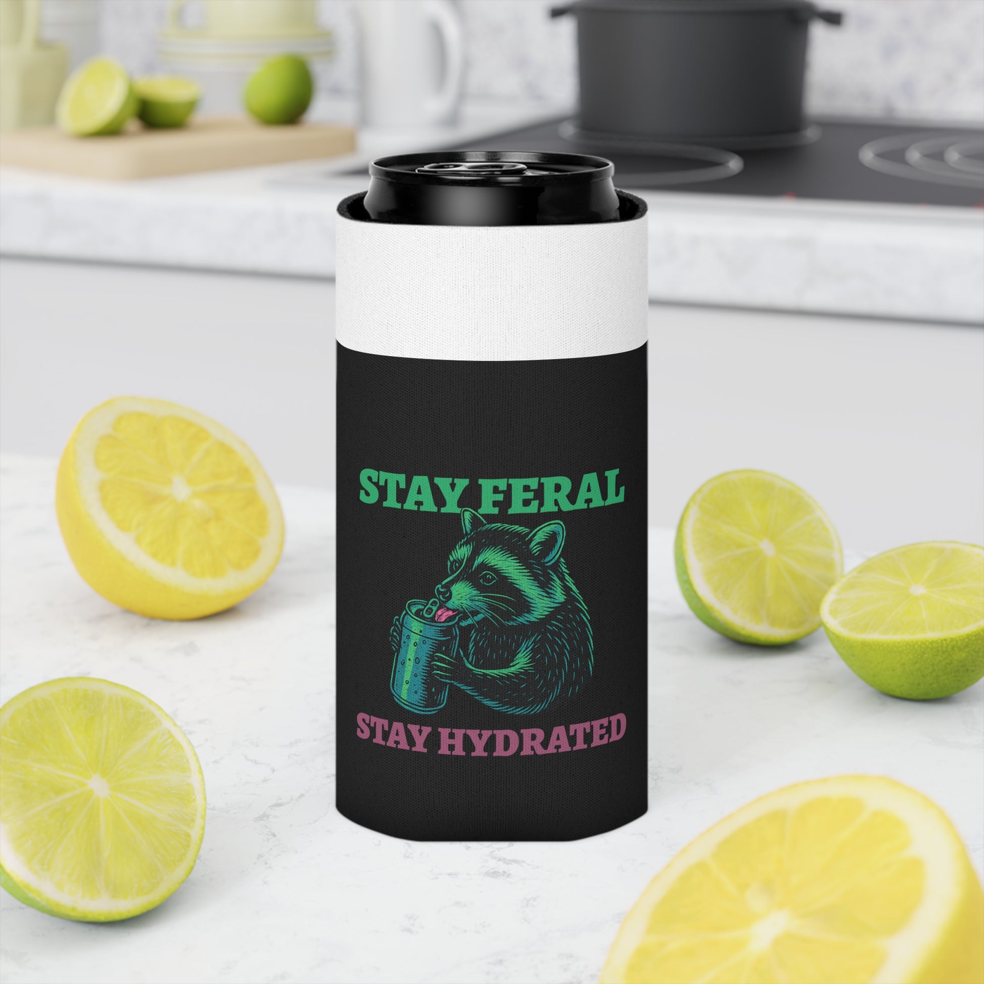Stay Feral Stay Hydrated Can Cooler – Funny Raccoon Koozie, “Probably Not Water” + “Stay Weird” Slogan