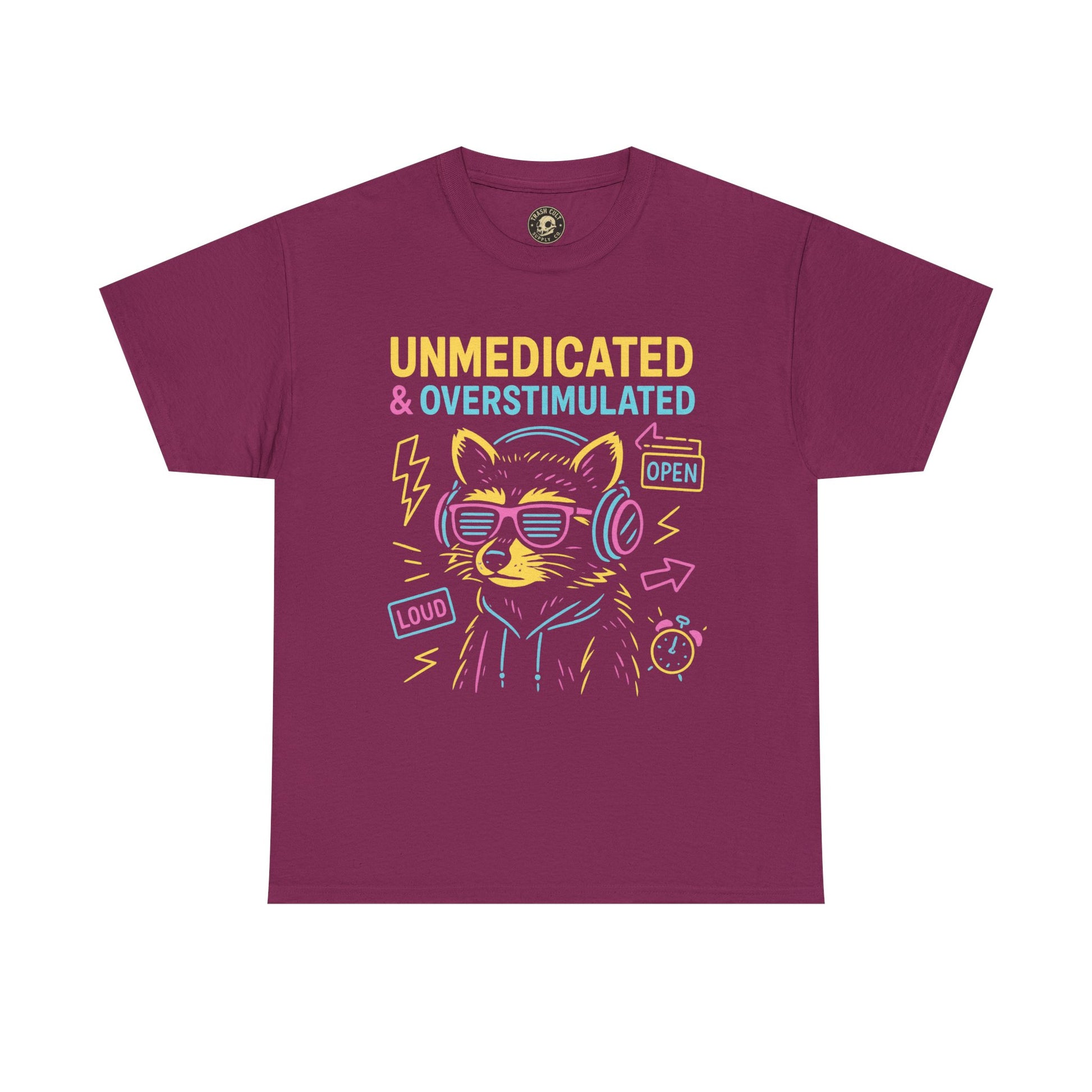 Unmedicated & Overstimulated Neon Raccoon ADHD Shirt – Trash Cult Supply Co. – Gildan 5000
