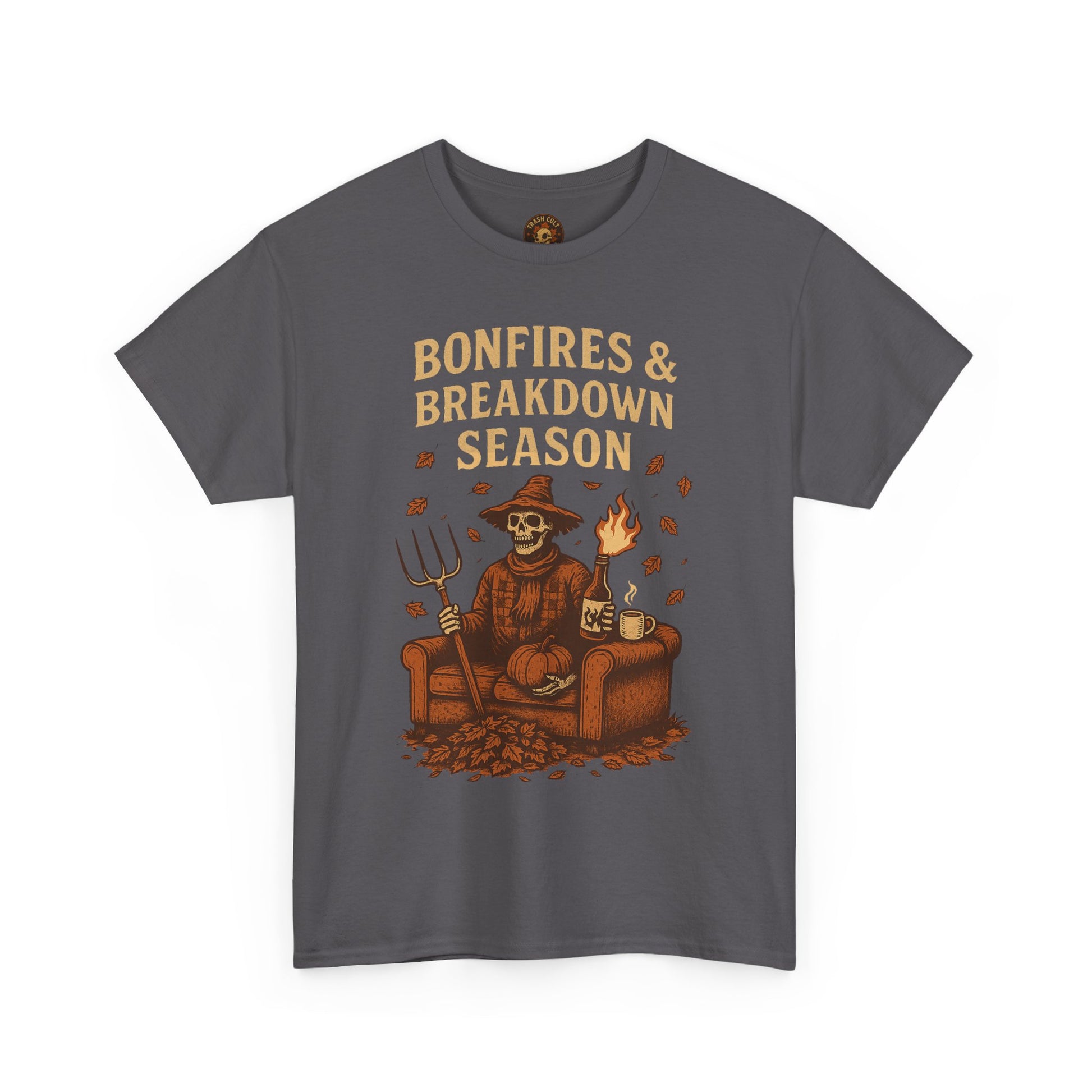 Bonfires & Breakdown Season Shirt – Skeleton Couch Chaos Tee – Fall of Humanity Collection – Trash Cult Supply Co.