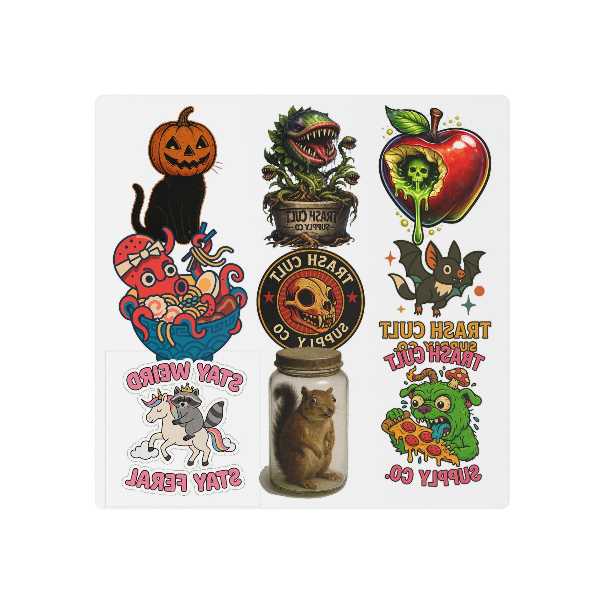 Halloween Horror Temporary Tattoo Sheet — Vintage Cute Creepy Monster Designs (Pumpkin Cat, Venom Apple, Jar Critter)