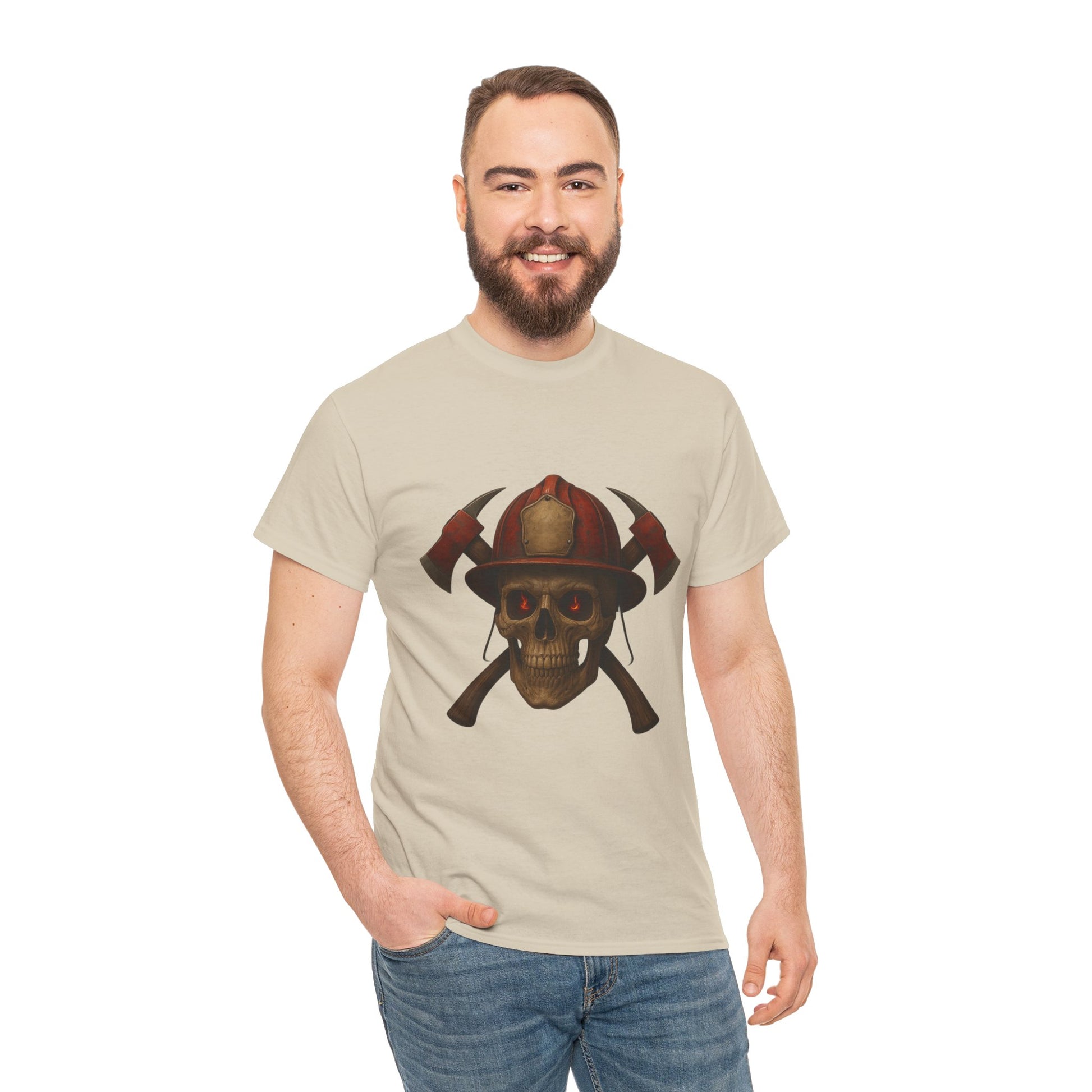 Skull Firefighter Tee, Unisex Heavy Cotton Shirt, Firefighter Gift, Halloween Costume T-Shirt, Unique Graphic Tee, Casual Wear
