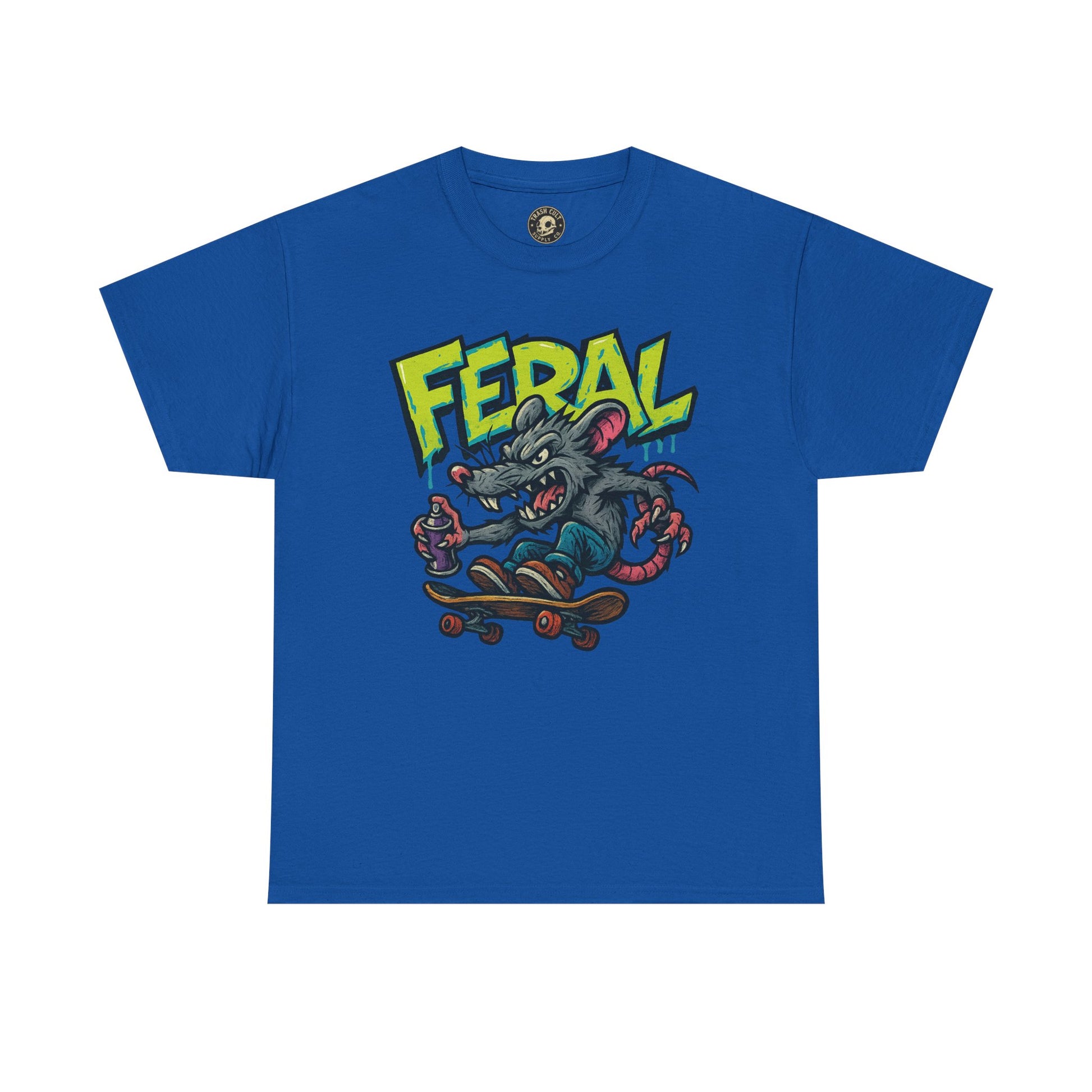 FERAL Graffiti Rat Skate Tee – Street Art Spray Can Mouse on Skateboard | Gildan 5000 Heavy Cotton Shirt